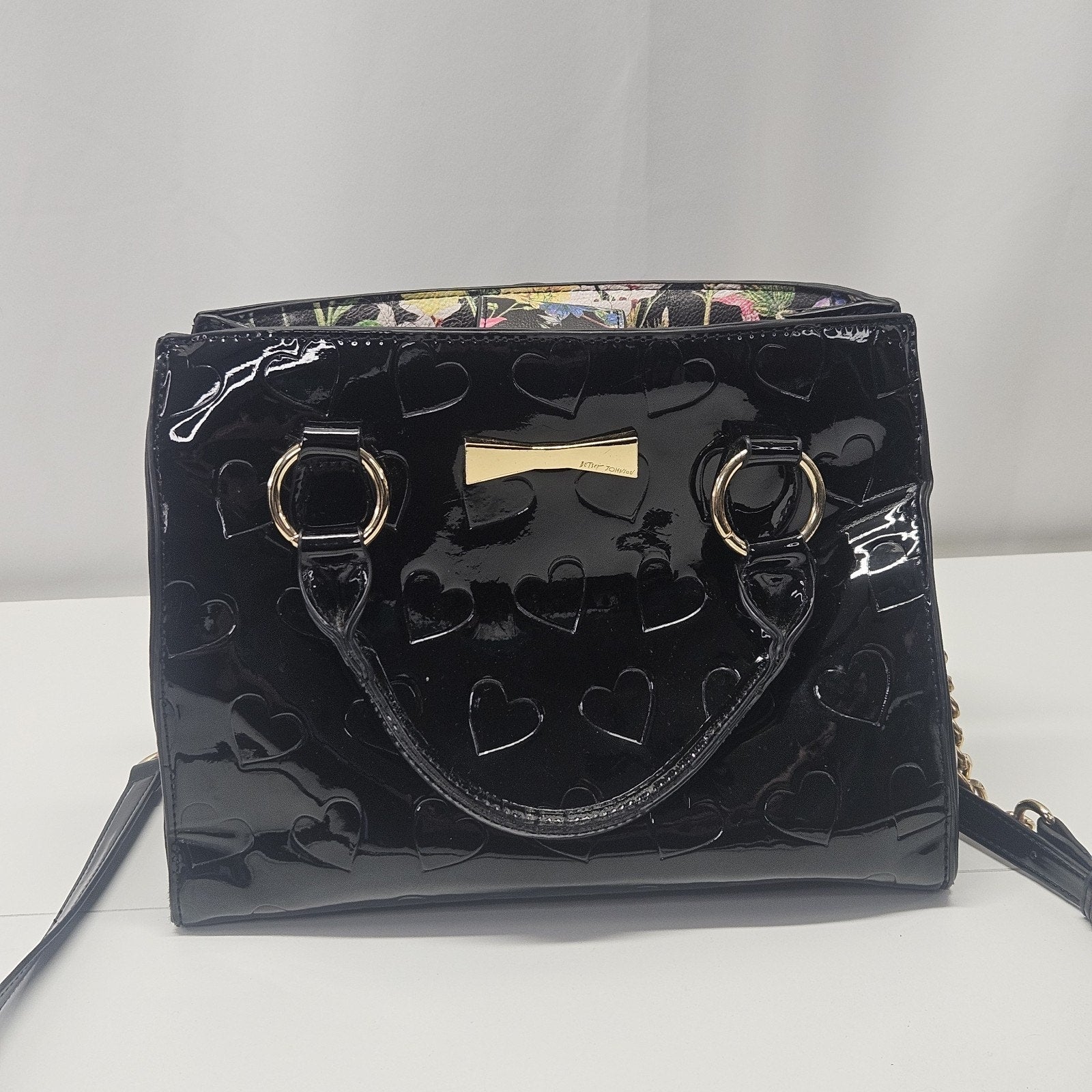 BETSEY Johnson Black Patent Hearts Satchel Tote Logo Glam Crossbody Purse