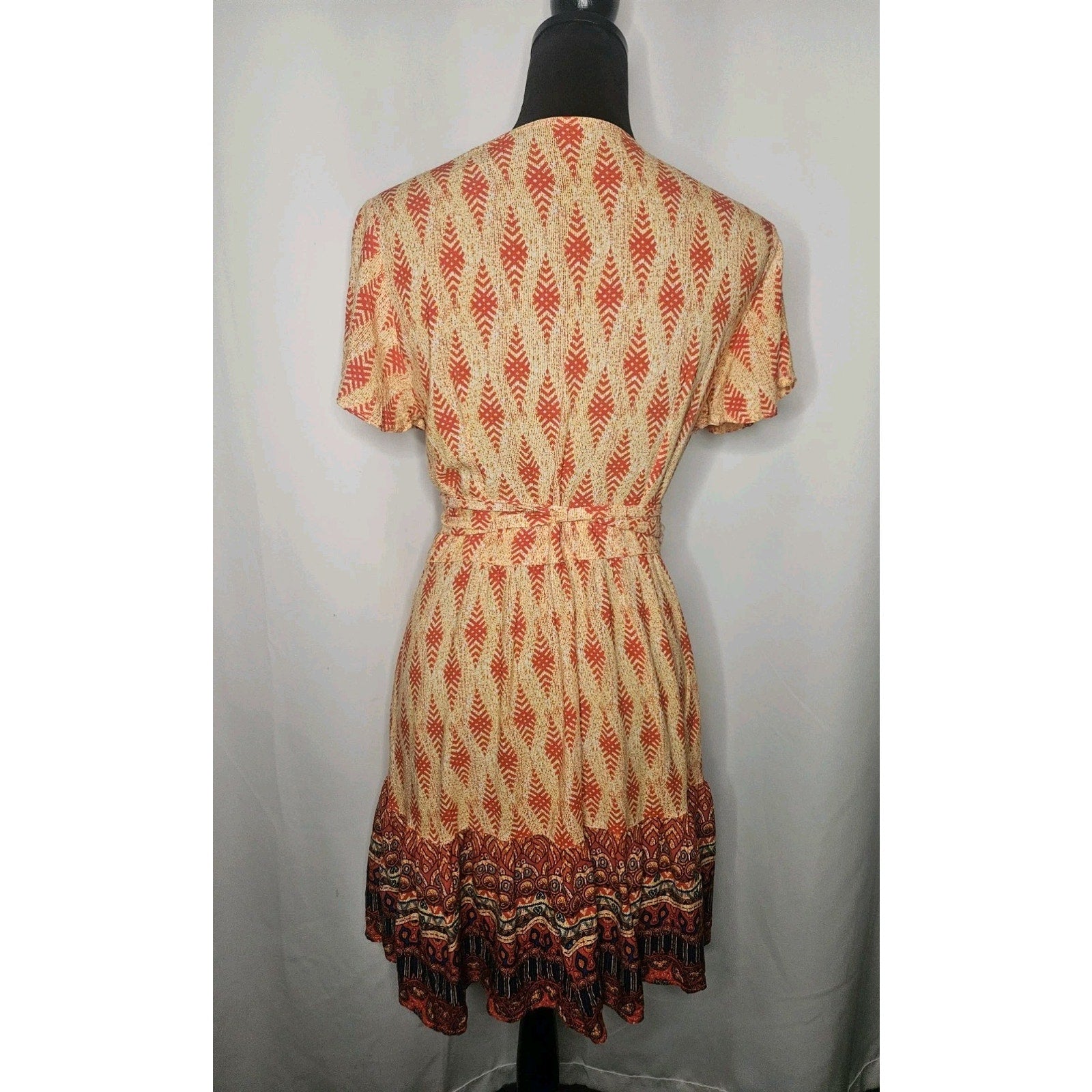 Wrap V Neck Bohemian Floral Print Ruffle Swing A Line Beach Mini Dress Large