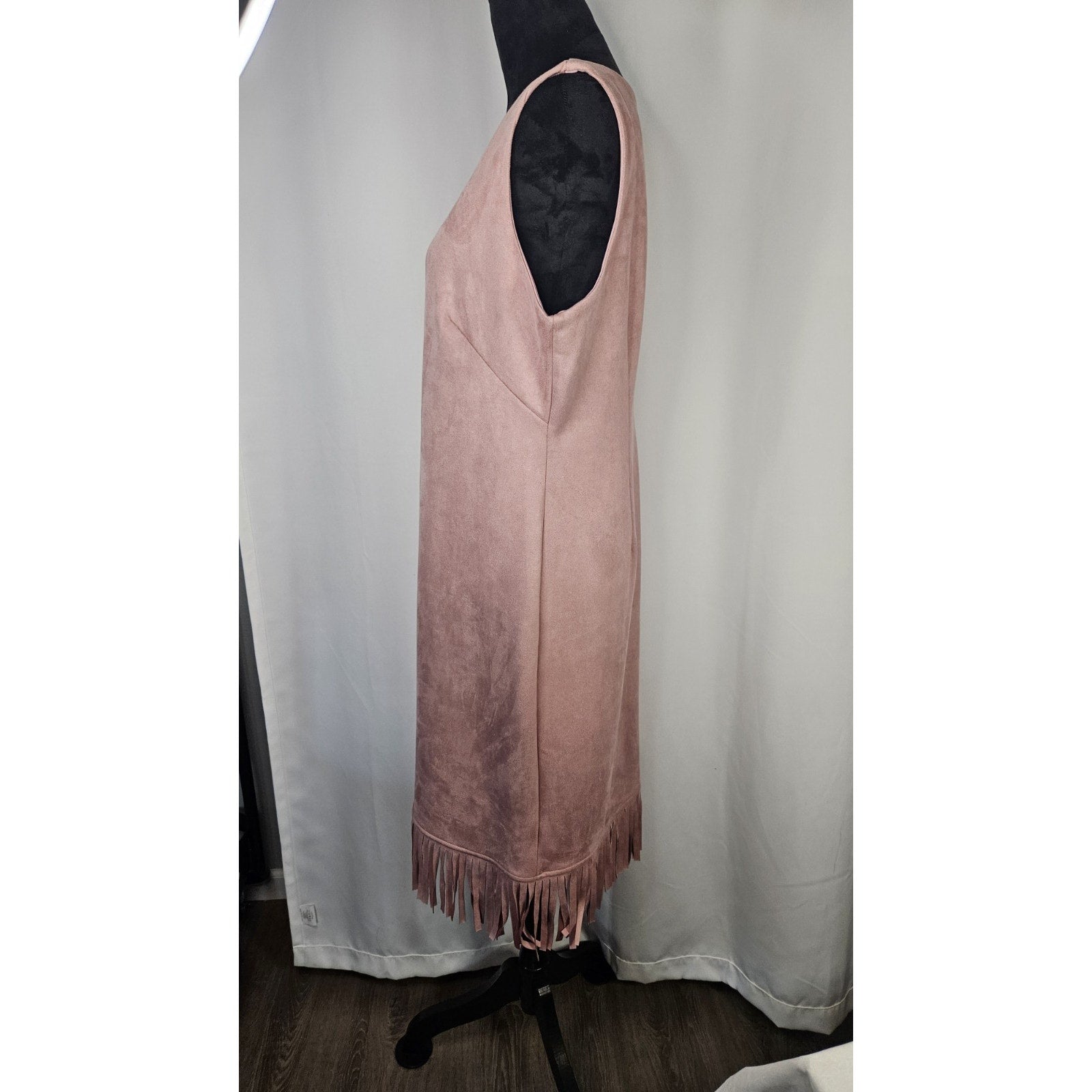 Shelby & Palmer Blush Pink Faux Suede Stretch Sheath Dress 14 Fringe Hem