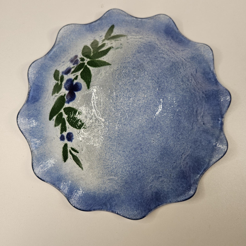 VINTAGE Hand Made Flower Pattern Fused Glass Textured Bowl Dish Ruffled Edge