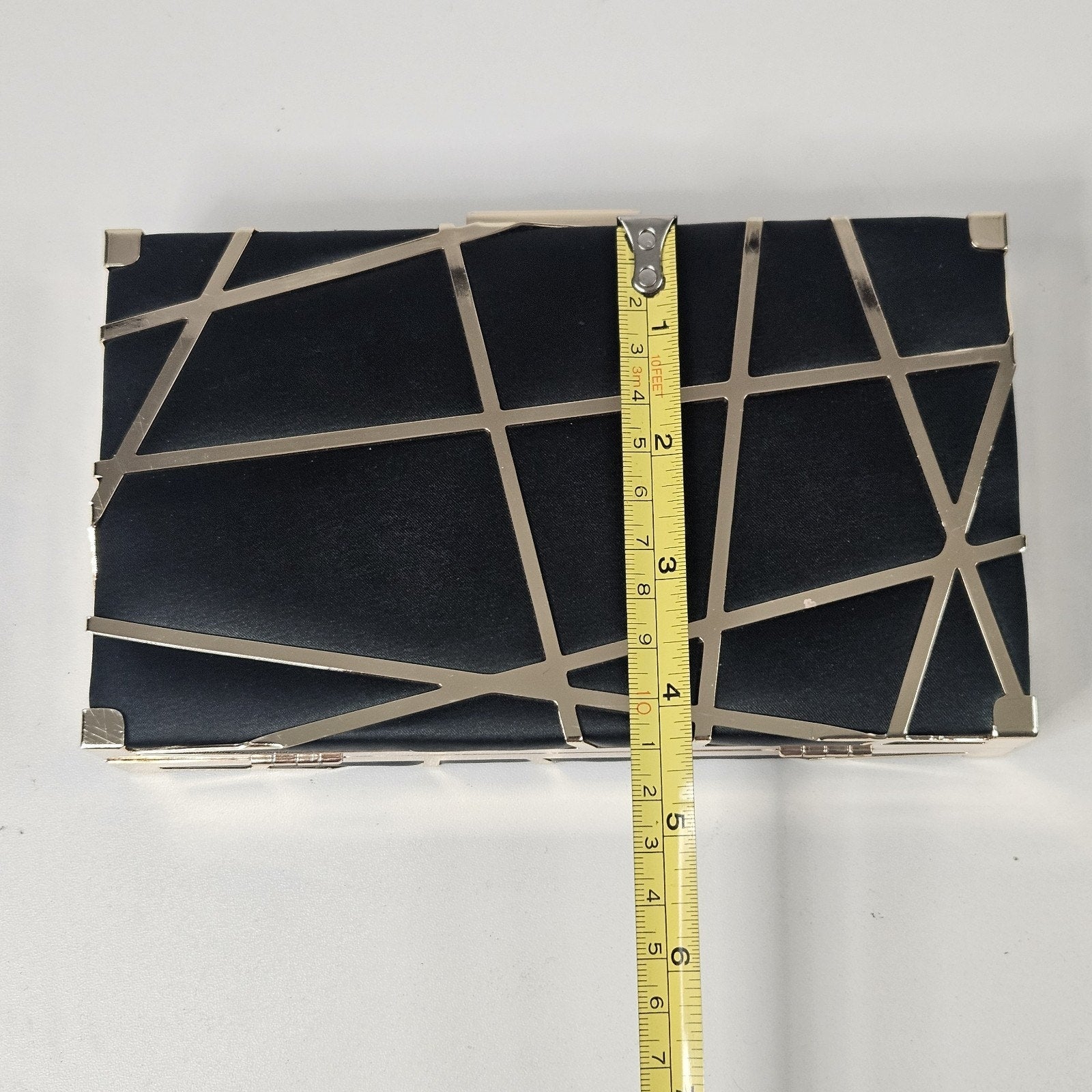 Lune Lazer Plated Clutch Bag Black Gold Chain Removable Strap Micro Purse