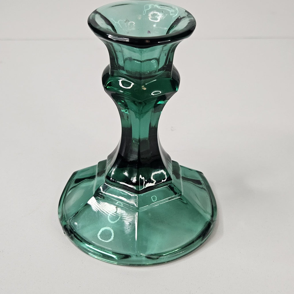 Vintage Indiana Glass Green Candlestick Holders 4.25" Pair Mid-Century Holiday