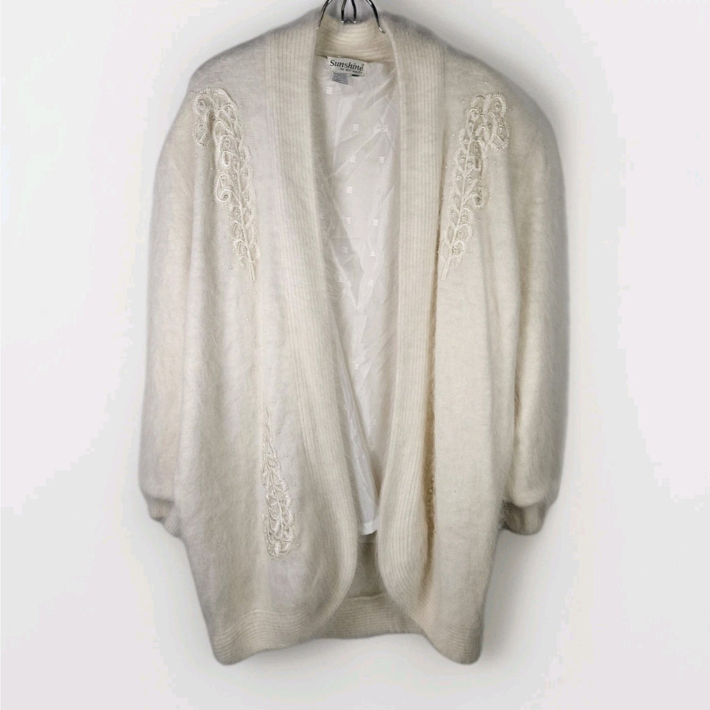Vintage 80's Angora Rabbit Coat Floral Beaded Cardigan Large Soft Cottage Artsy