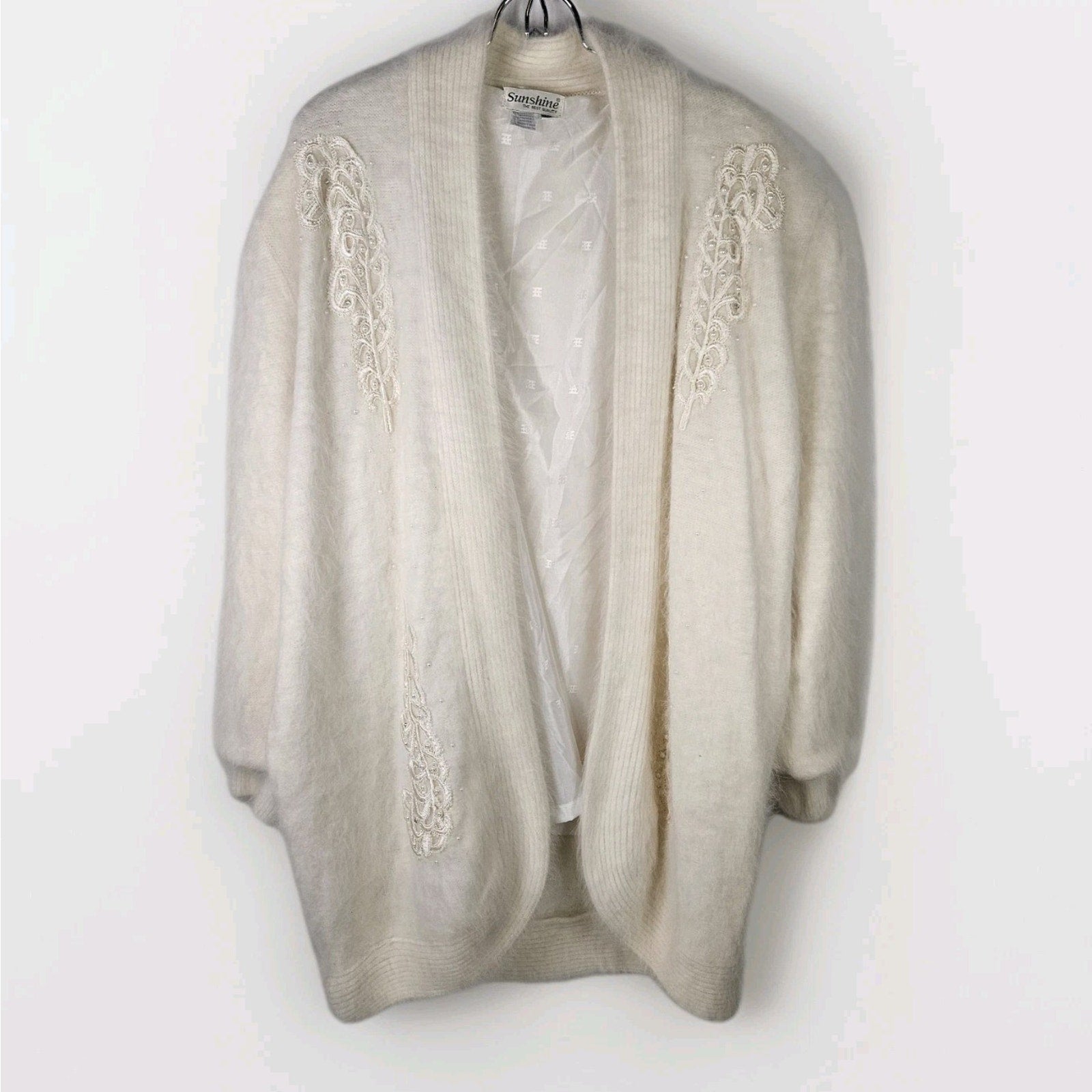 Vintage 80's Angora Rabbit Coat Floral Beaded Cardigan Large Soft Cottage Artsy