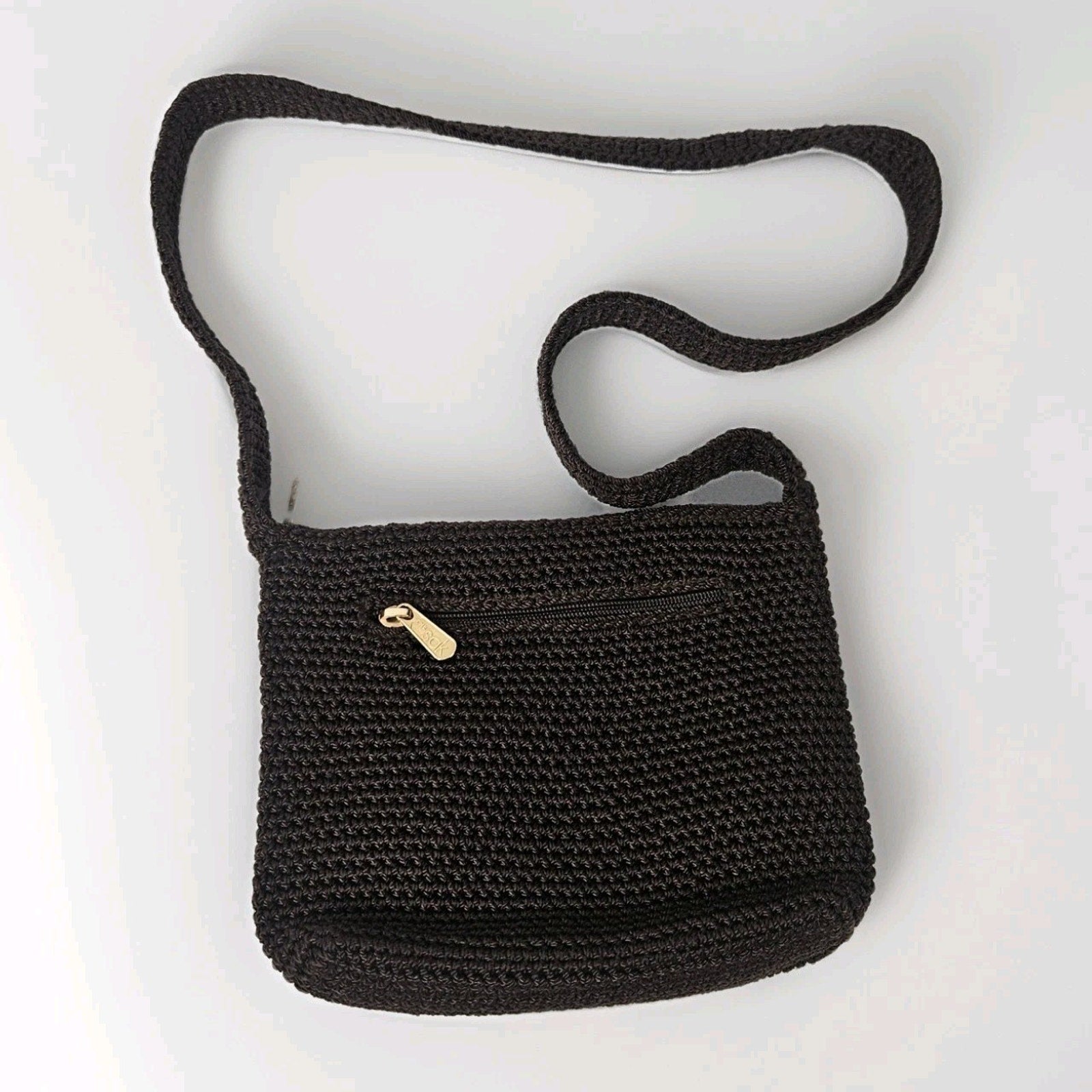 The Sak Chocolate Brown Crochet Shoulder Bag Zip Top Zip Pockets Boho Y2K Small