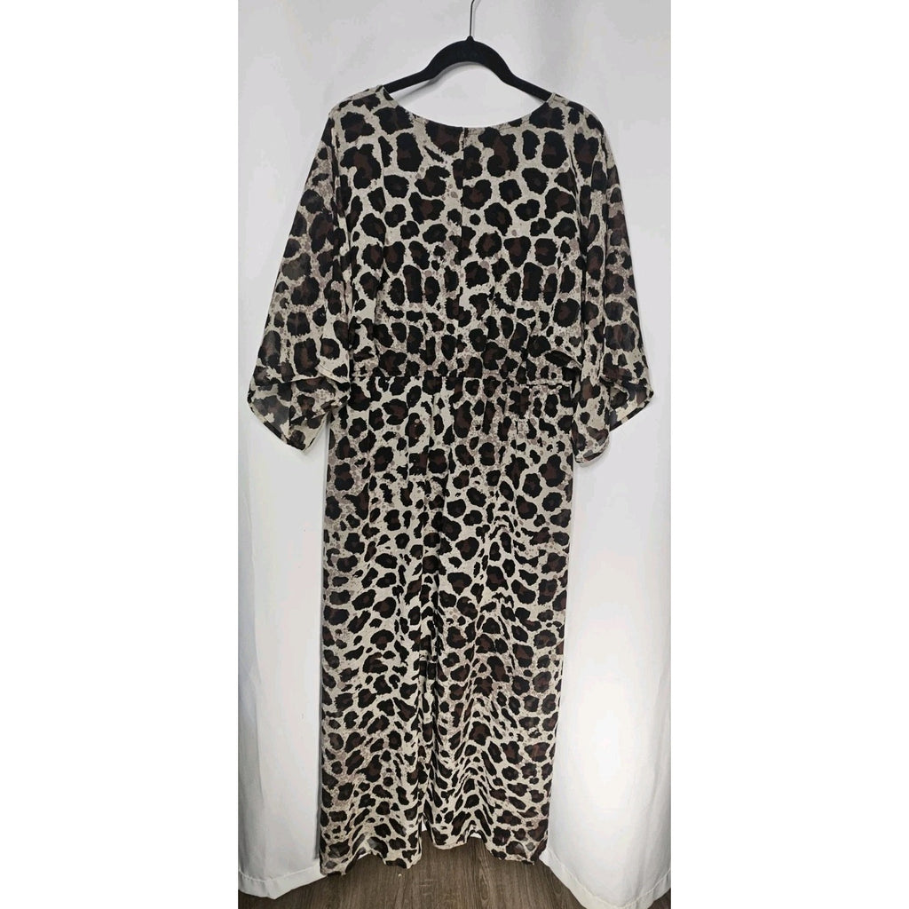 New York & Company Leopard Print Chiffon Short Sleeve Maxi Dress XL V Neck