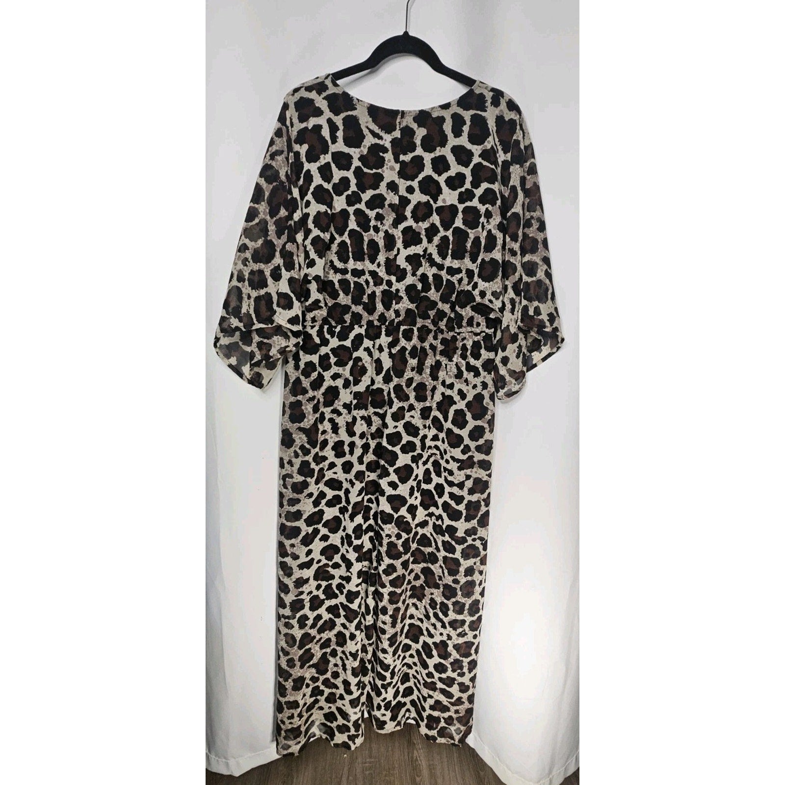 New York & Company Leopard Print Chiffon Short Sleeve Maxi Dress XL V Neck