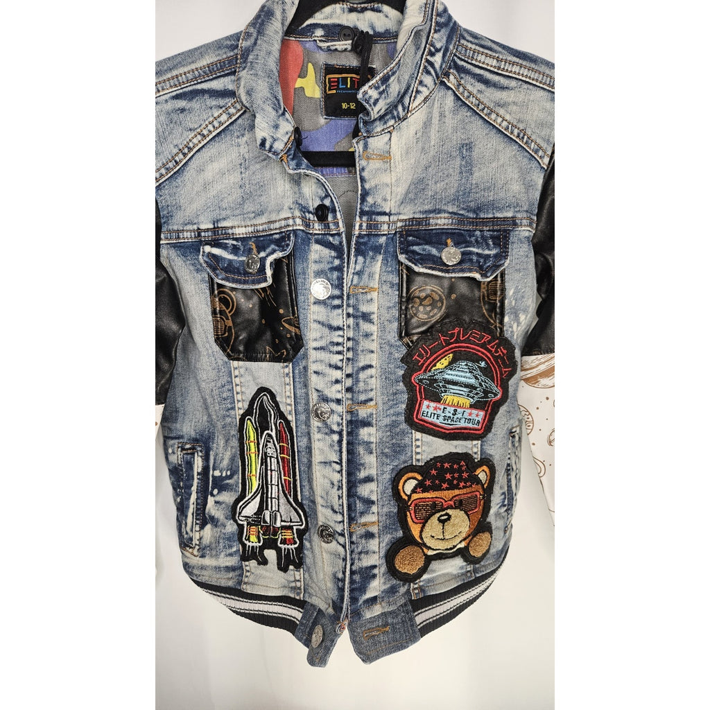 Elite Premium Denim Mocha Jacket Kids 10-12 Patches Streetwear