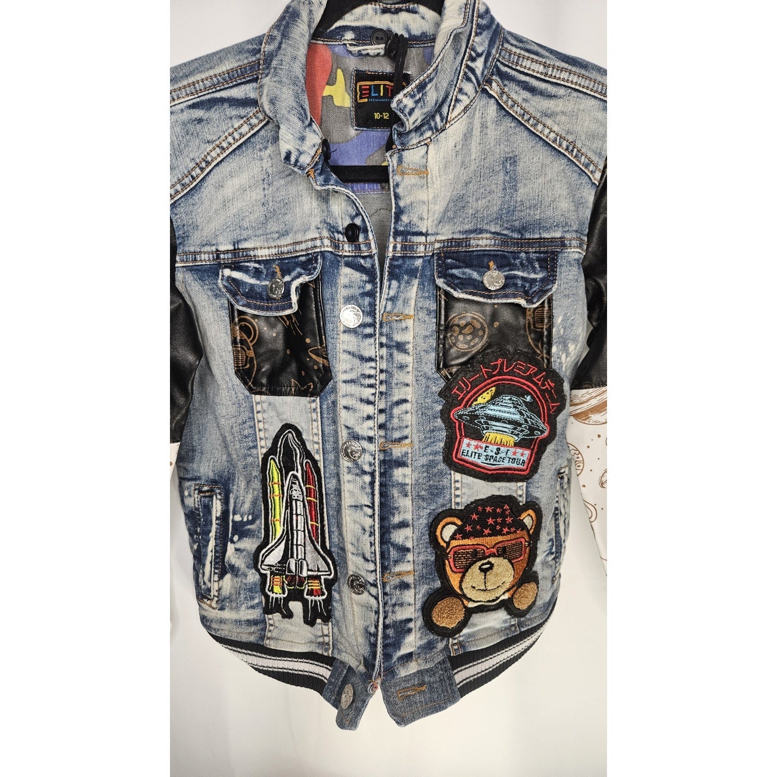 Elite Premium Denim Mocha Jacket Kids 10-12 Patches Streetwear