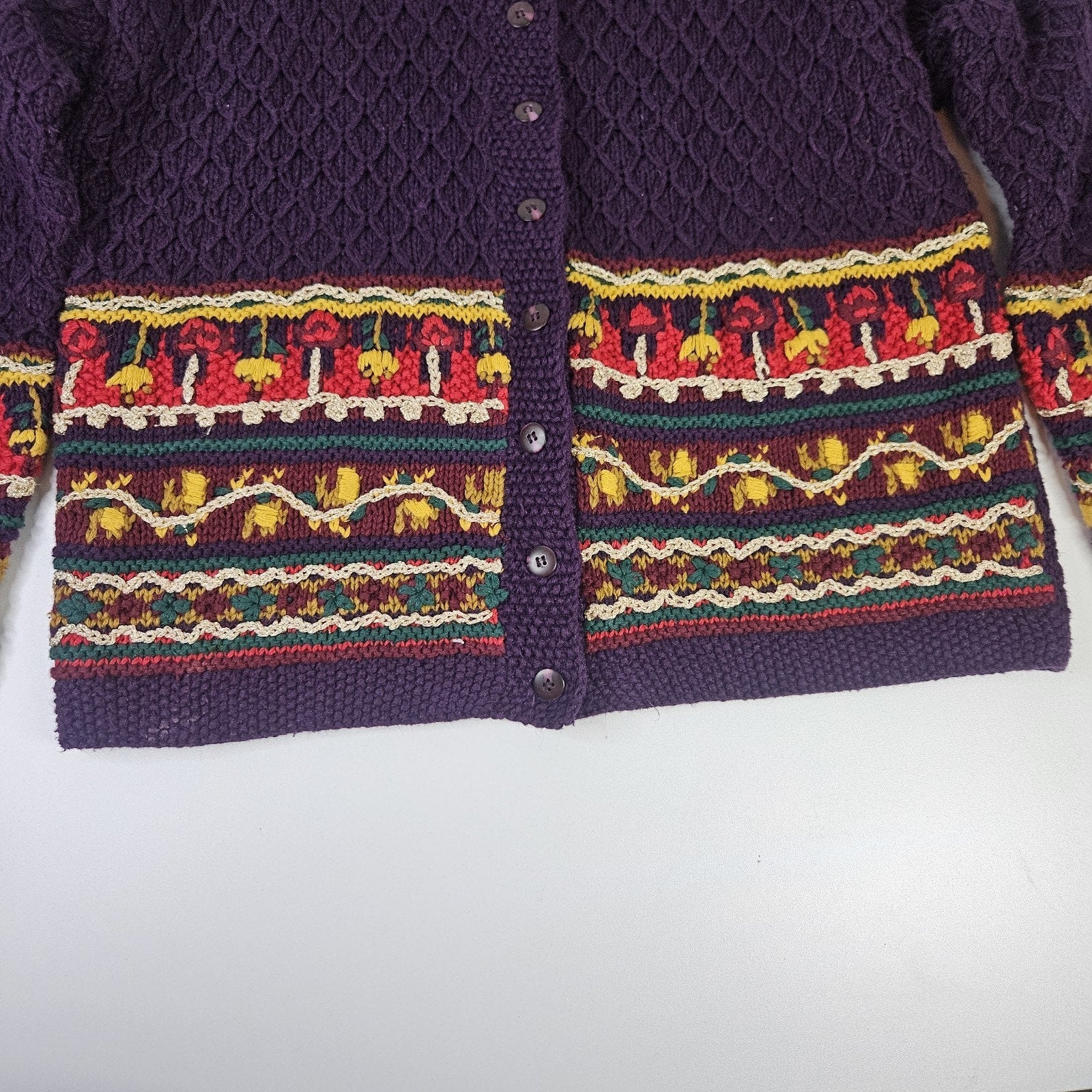 Vintage 90s Chunky Knit Cardigan Sweater Colorful XL Cottagecore Artsy Granny