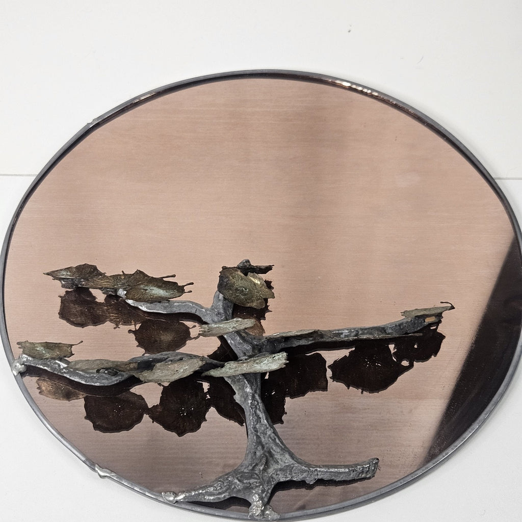 Art Deco Mid Century Modern Sculptural Copper Metal Botanical Wall Mirror