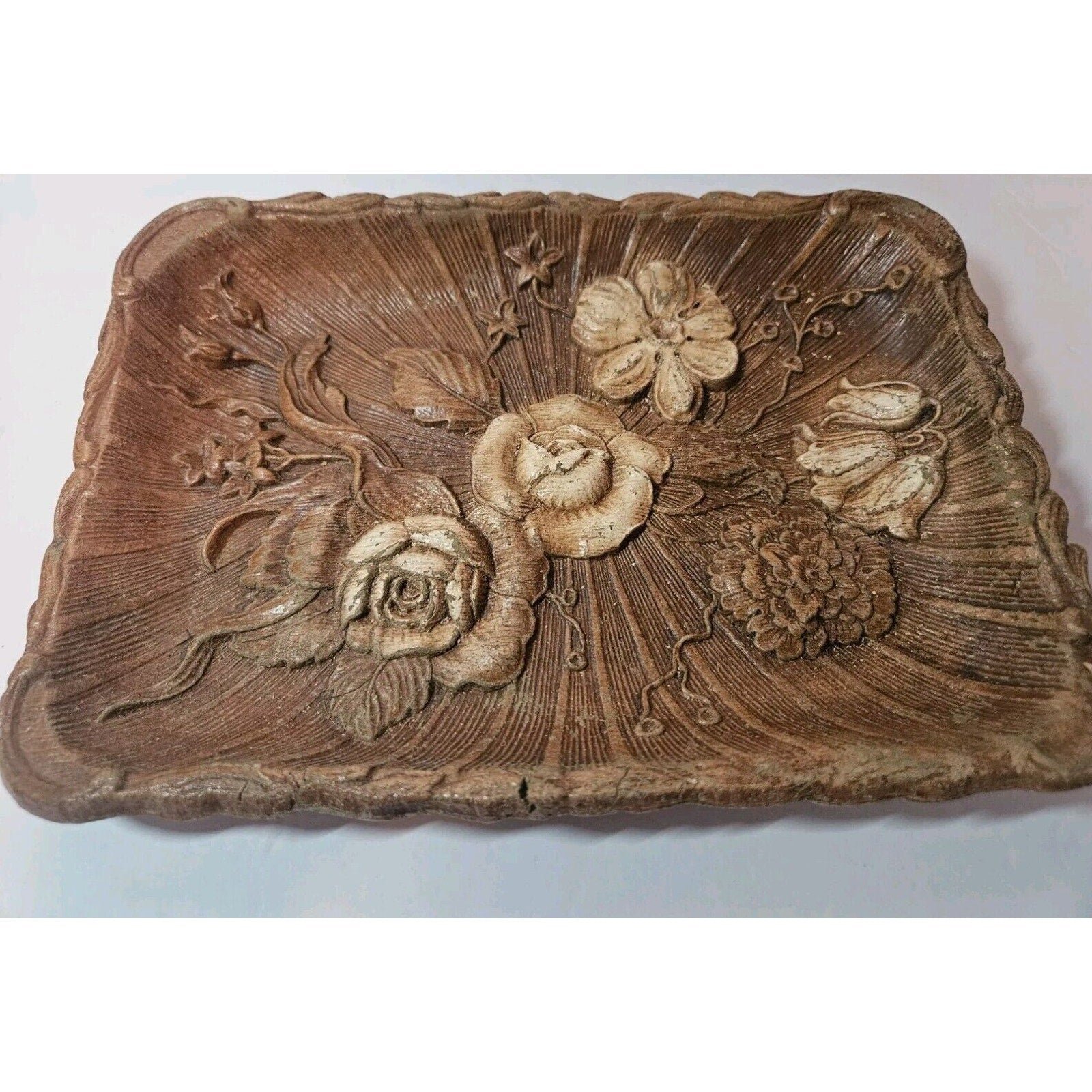 Vintage Multi Products Inc Brown Resin Faux Wood Tray Carved Flowers USA
