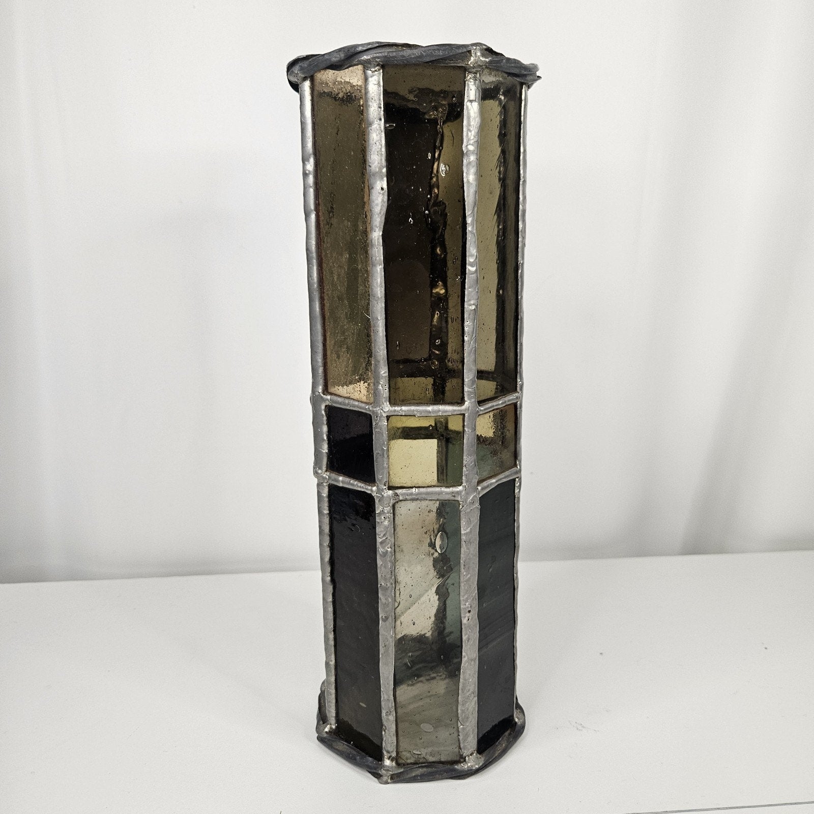 Vintage Hand Crafted Beautiful Stained Glass Pillar Candle Holder 12.5"