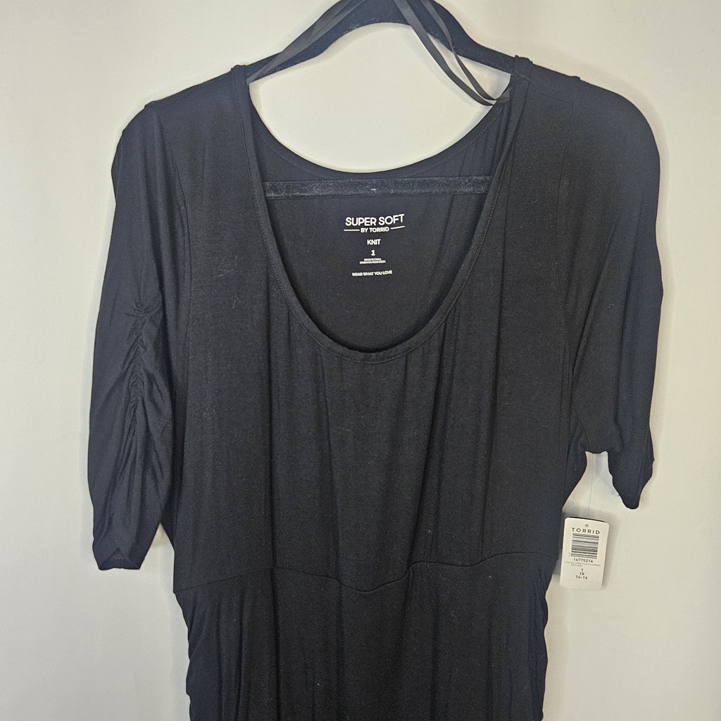 Torrid NEW Ruched Super Soft Elbow Sleeve Bodycon Dress Black Comfy Sz 1X
