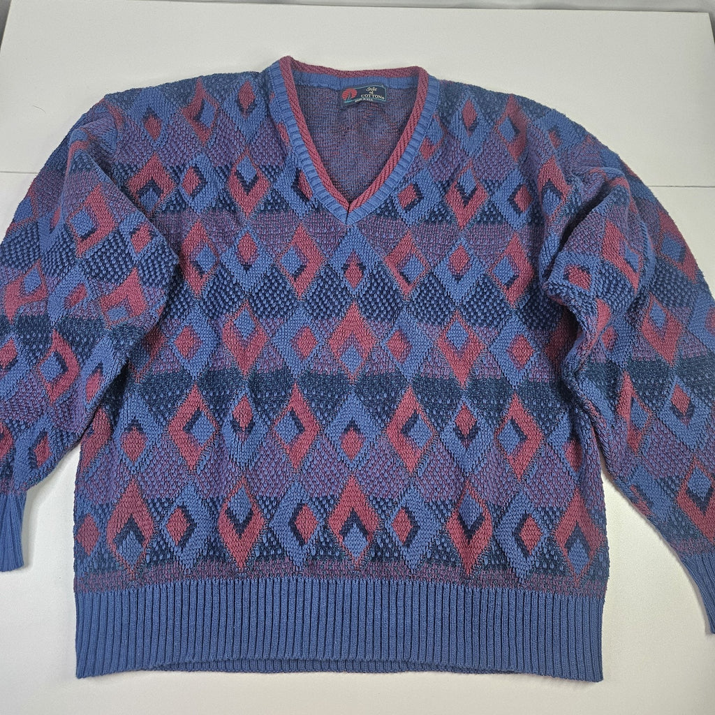 Vintage 3D Knit Geometric V Neck Sweater Size Large 90s Boxy Isle Of Cotton USA