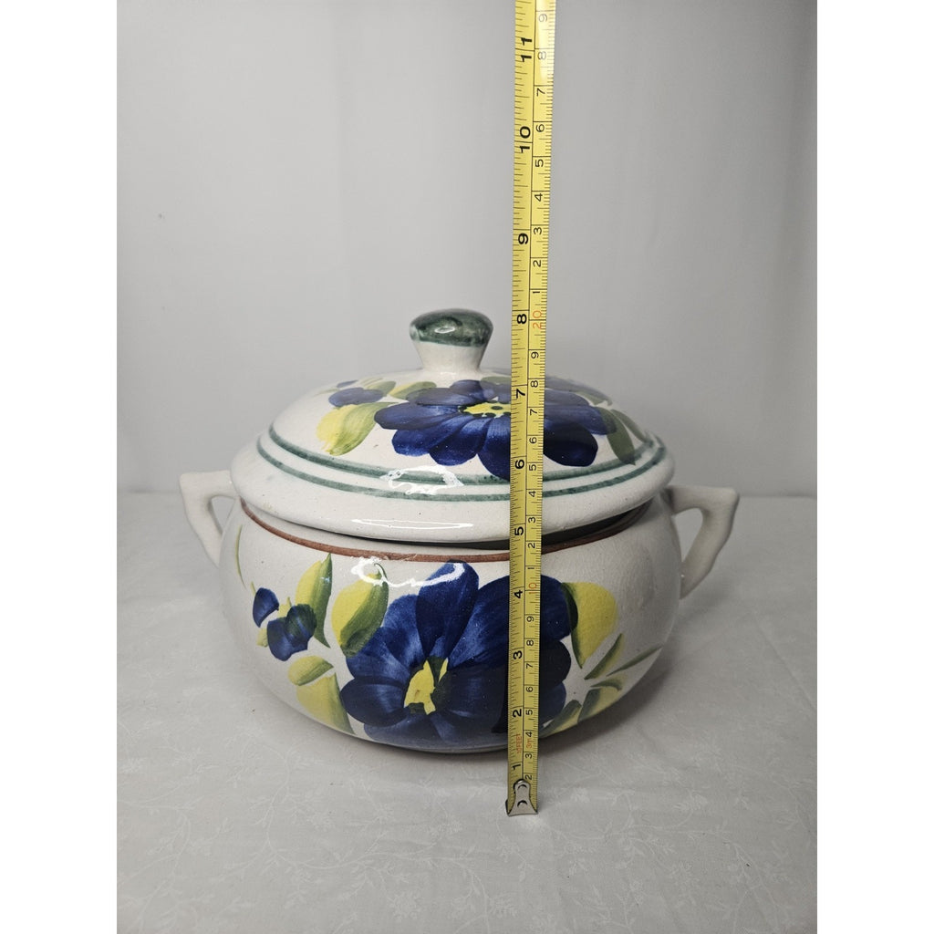 Vtg Mexican Hand Made Painted Decorative Lidded Bean Pot Blue Floral Casserole