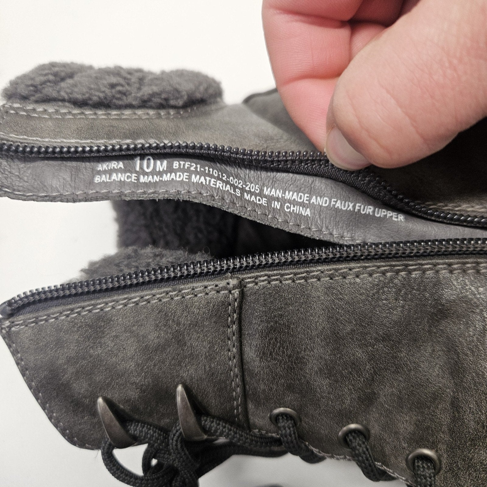 BareTraps AKIRA Gray Faux Leather Fur Trim Combat Ankle Boots Zip Laces Size 10