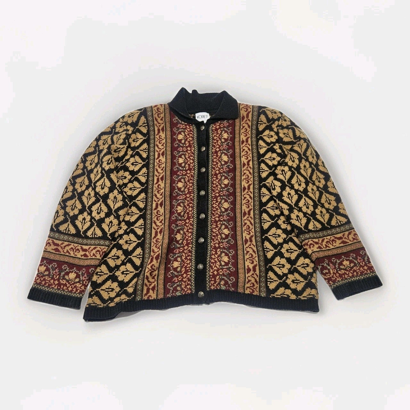 Vtg 90s KORET Women's Cardigan Black Flowers Acrylic Wool Large Boho Cottage