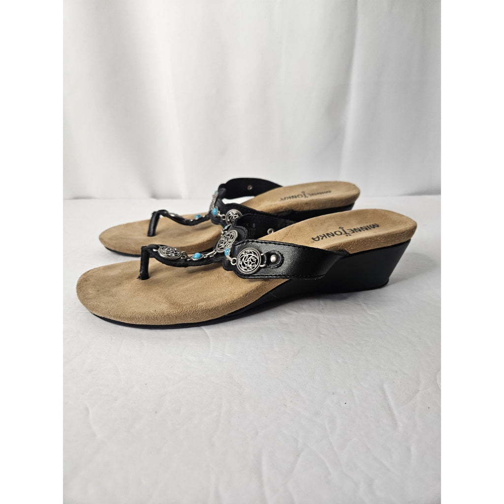Minnetonka Boca Thong Sandals Women’s 8 Black Flip Flop Silver Turquoise 71105