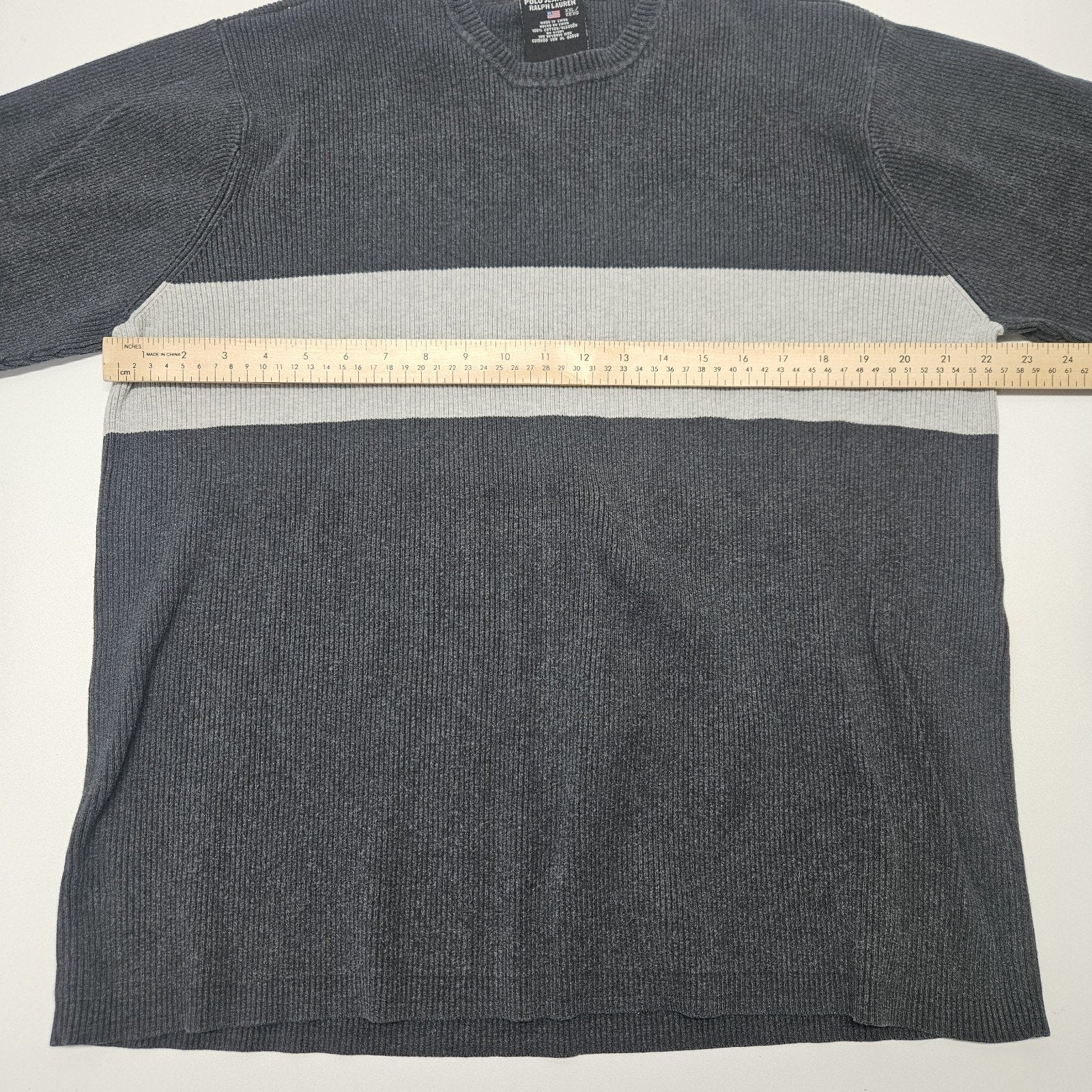 Vintage Y2K Men's Ralph Lauren Polo Jeans Co Striped Cotton Sweater Grey 2XL