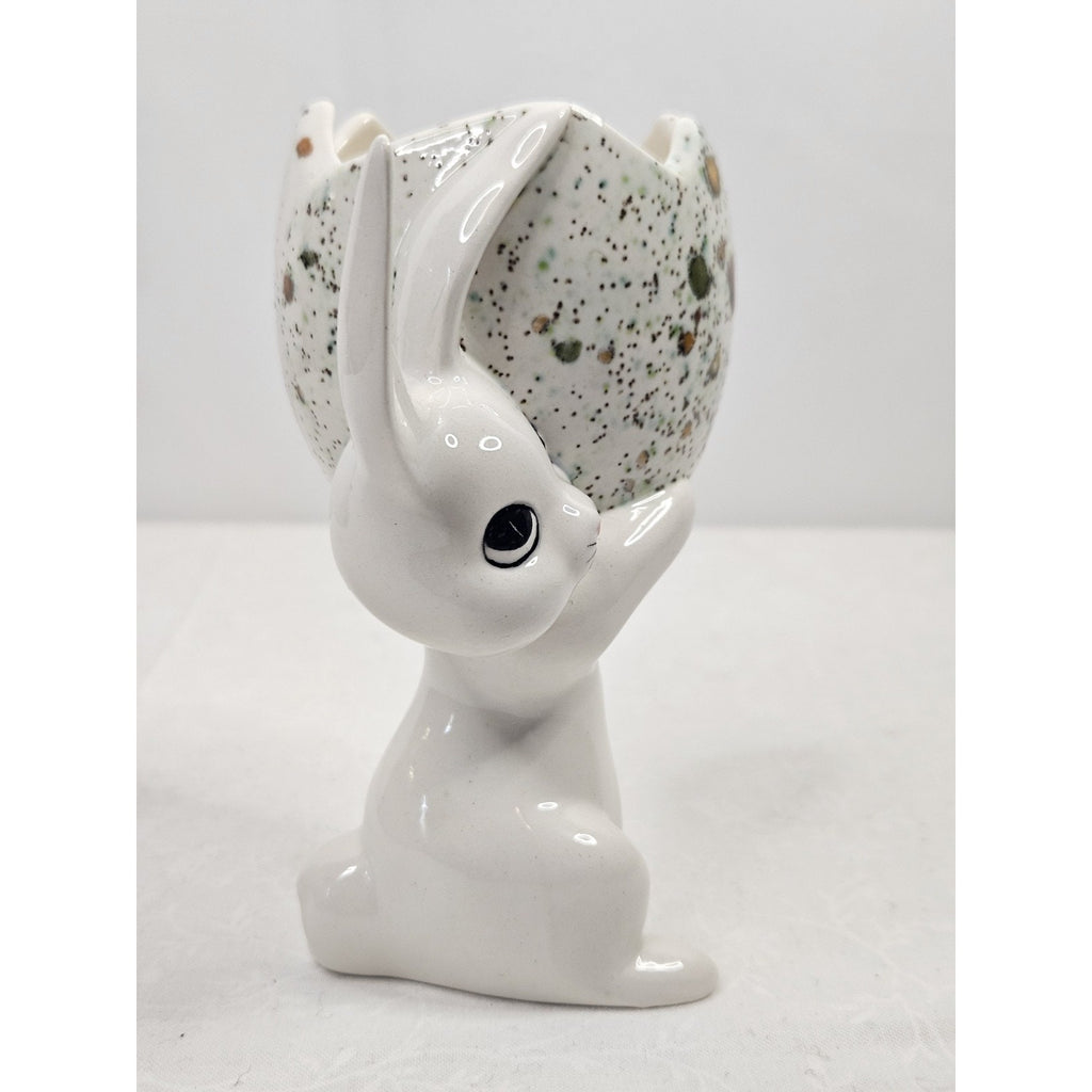 Vintage Mid Century Hand Painted Porcelain Bunny Holding Egg Easter Spring Art