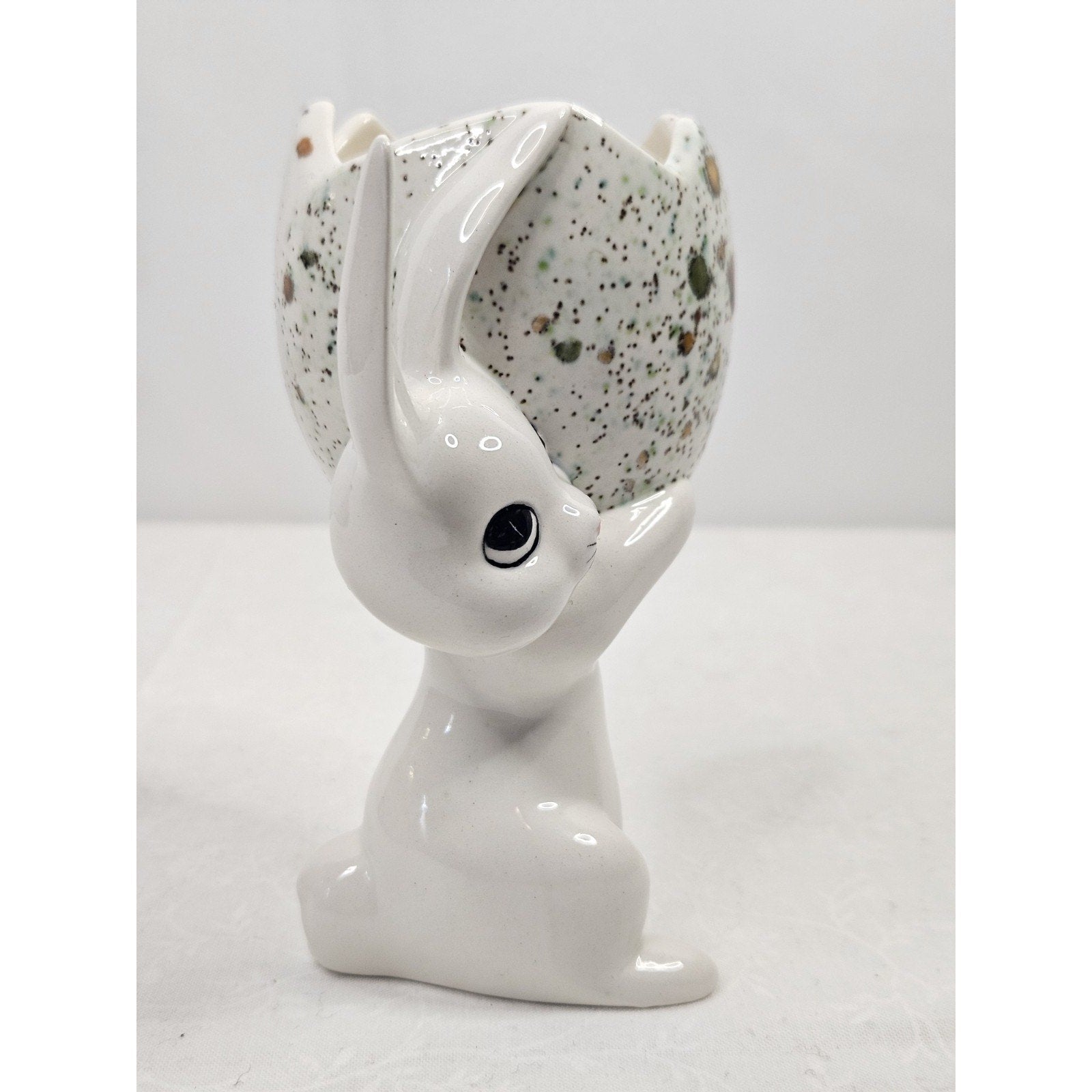 Vintage Mid Century Hand Painted Porcelain Bunny Holding Egg Easter Spring Art