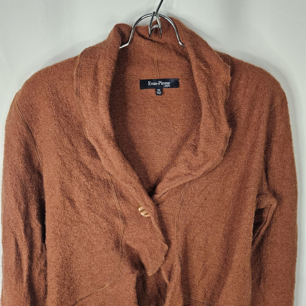 EVAN PICONE Ruffled Wool Cardigan Sweater Medium Petite Brick Rust Brown VNeck