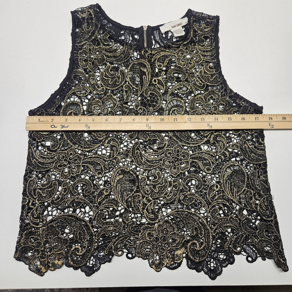 Vtg Sans Souci Black and Gold Metallic Lace Sleeveless Party Tank Top Zipper XS