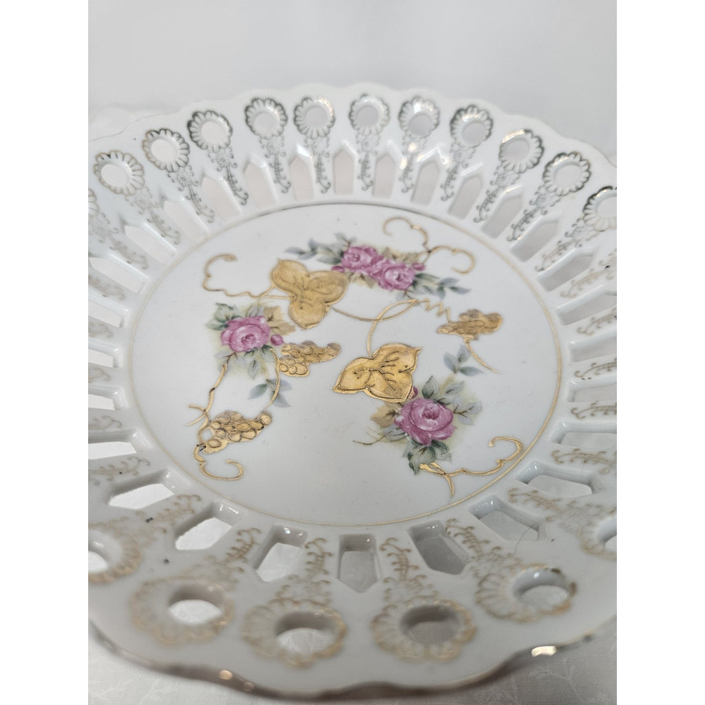 Vintage Pierced Reticulated Porcelain Pedestal Compote Bowl Gold Flowers Japan