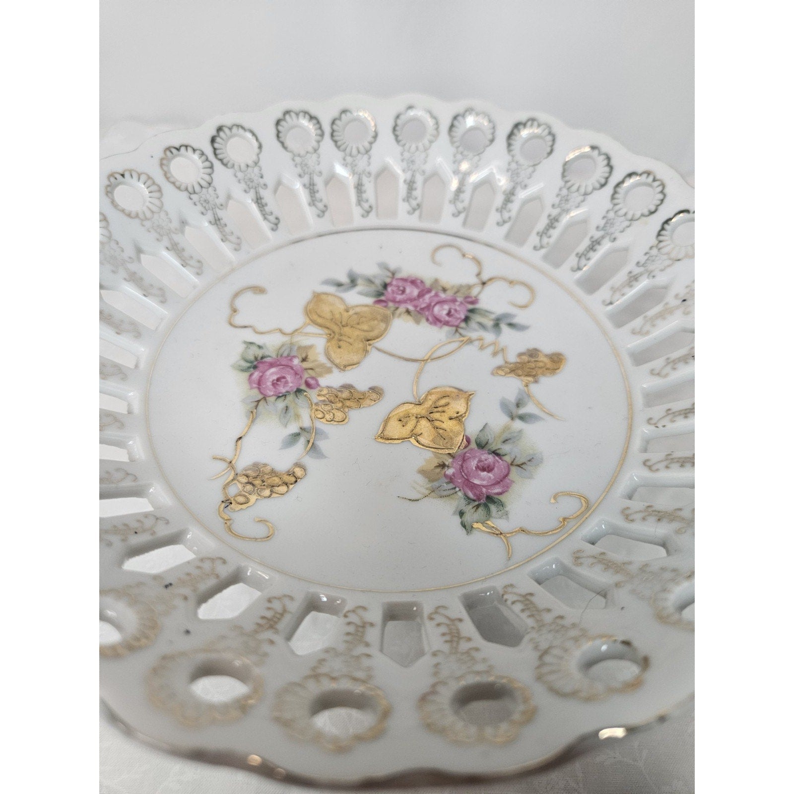 Vintage Pierced Reticulated Porcelain Pedestal Compote Bowl Gold Flowers Japan