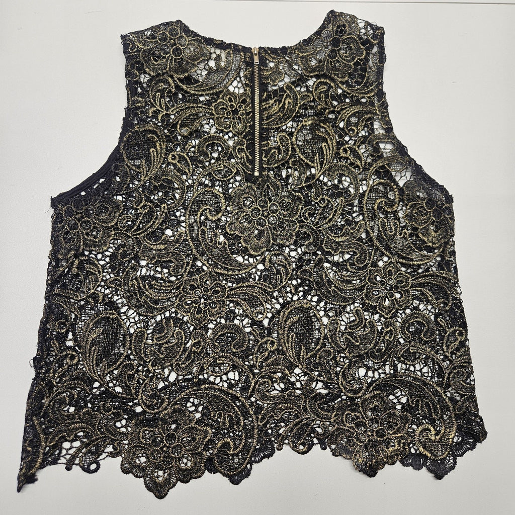 Vtg Sans Souci Black and Gold Metallic Lace Sleeveless Party Tank Top Zipper XS