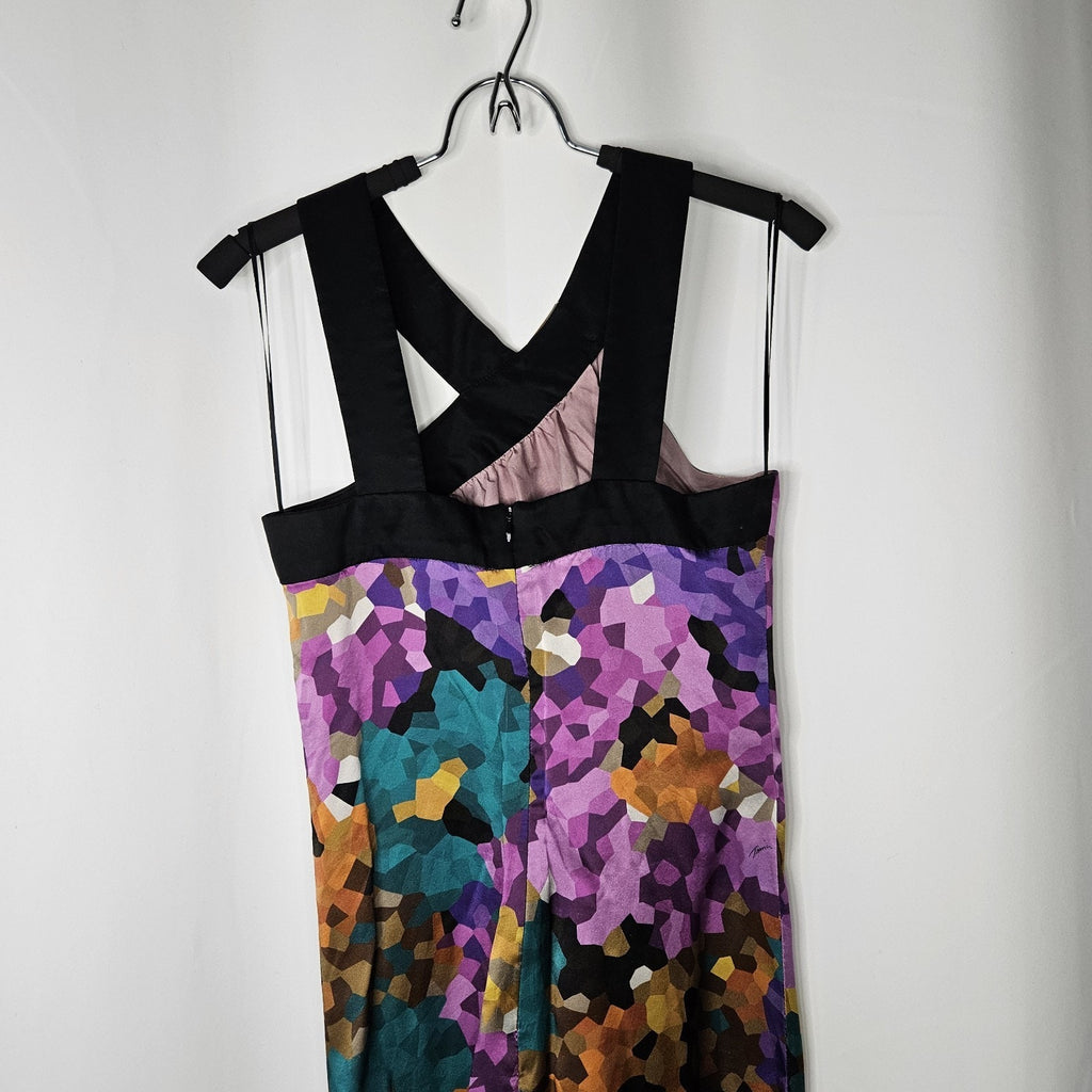 Trina Turk Dress Multicolor Pixelated 100% Silk Criss Cross Neck Size 2