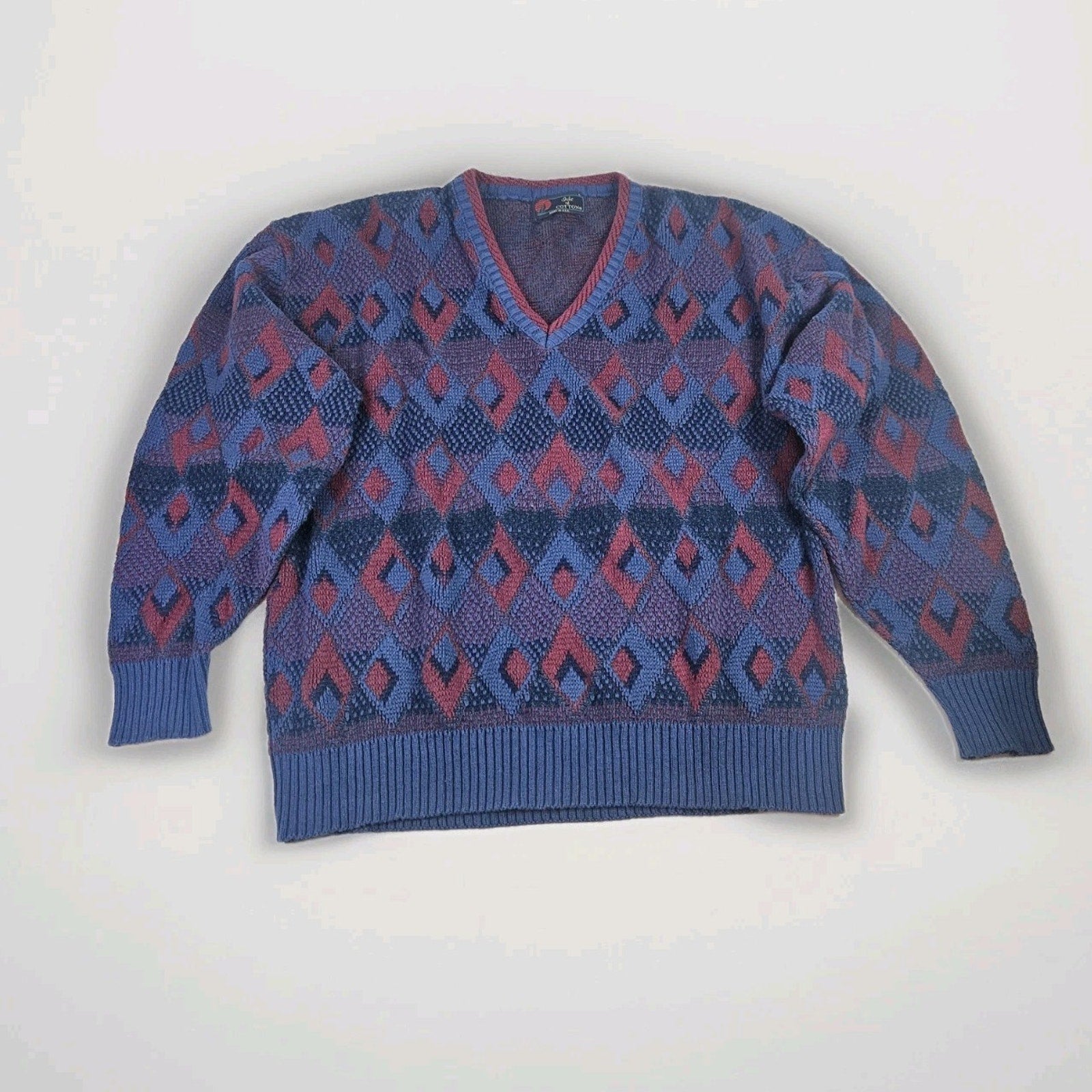 Vintage 3D Knit Geometric V Neck Sweater Size Large 90s Boxy Isle Of Cotton USA