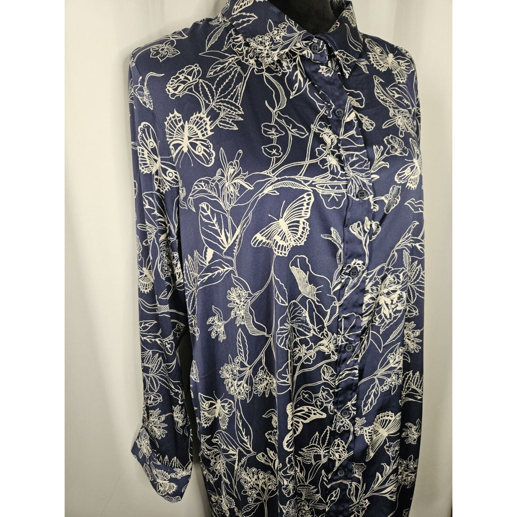 OPHELIA ROE Blue Floral Lightweight Satin Button Knee Length Dress w/o Belt XL