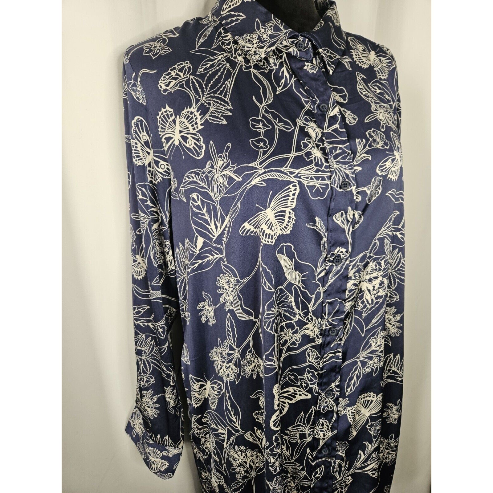 OPHELIA ROE Blue Floral Lightweight Satin Button Knee Length Dress w/o Belt XL