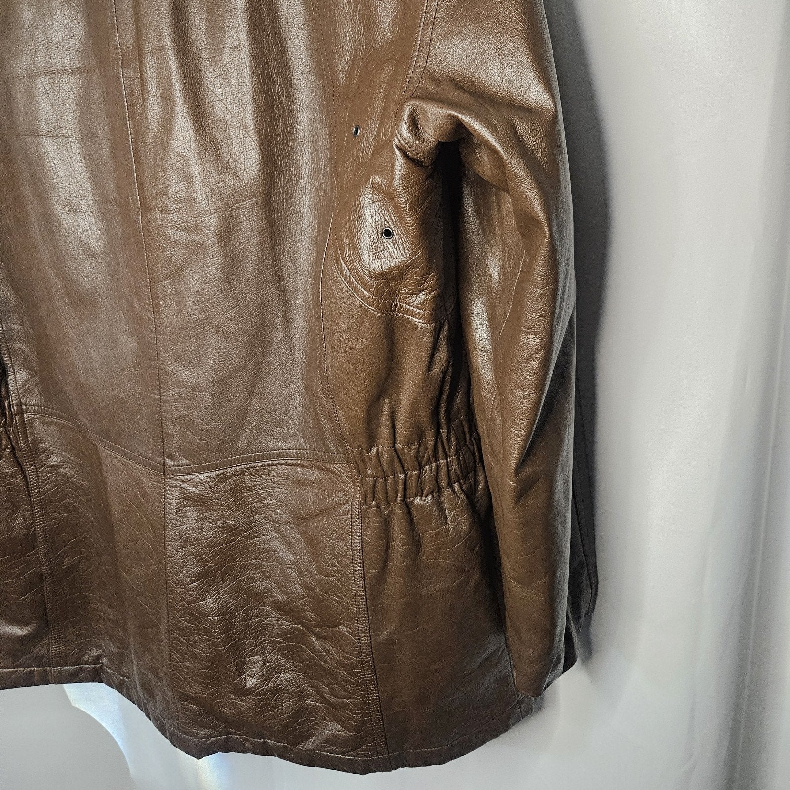 Nino Cerruti Sport Brown Leather Parka Brown Sz Large Asymmetrical Collared Vtg