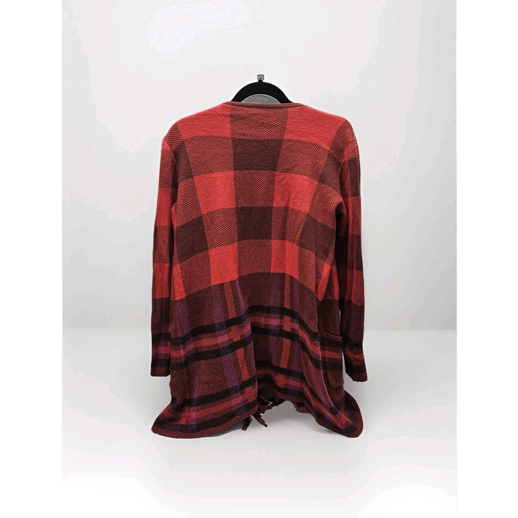 Isaac Mizrahi Red Multi Plaid Fringe Trim Open Front Cardigan Sweater Small
