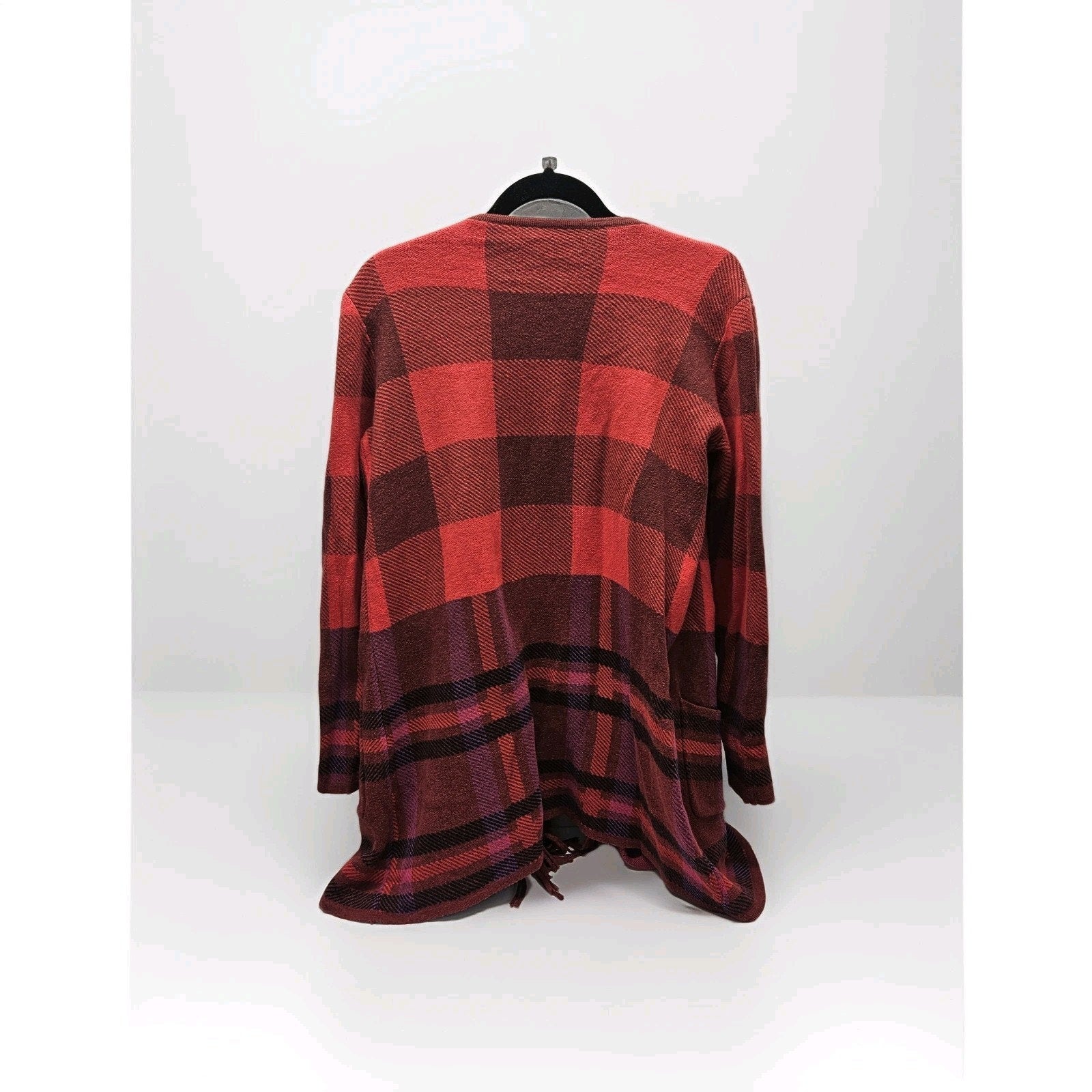 Isaac Mizrahi Red Multi Plaid Fringe Trim Open Front Cardigan Sweater Small