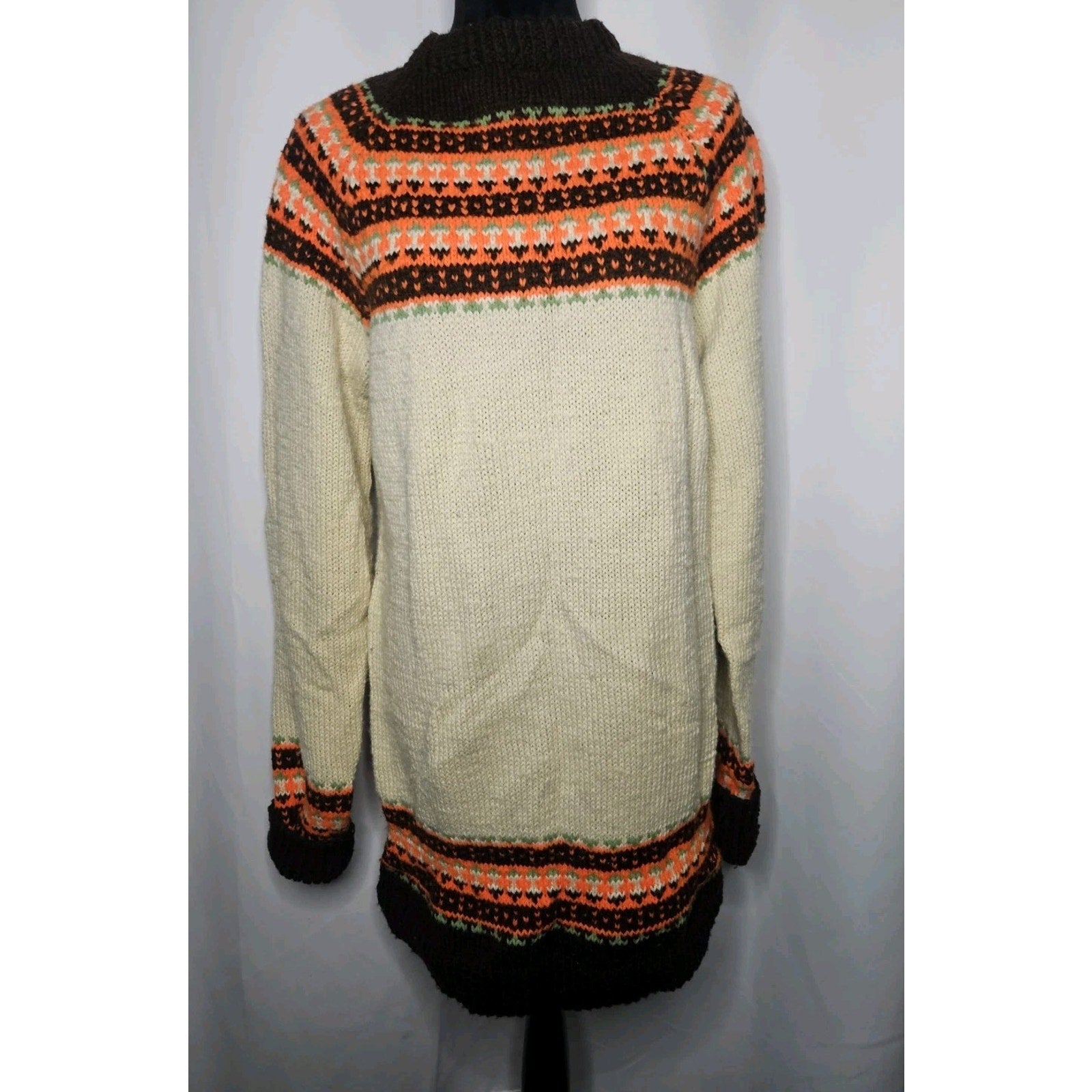 Vintage Handmade Fair Isle Design Mock Neck Knitted Sweater Dress Womens Large