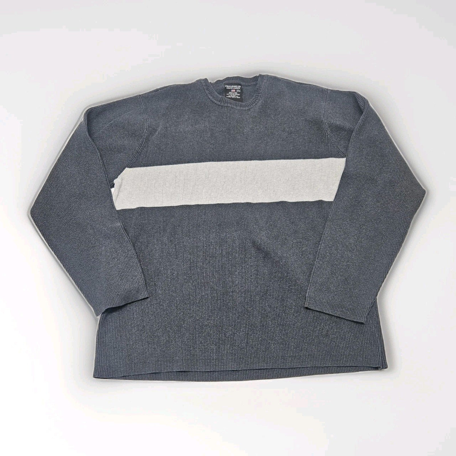 Vintage Y2K Men's Ralph Lauren Polo Jeans Co Striped Cotton Sweater Grey 2XL