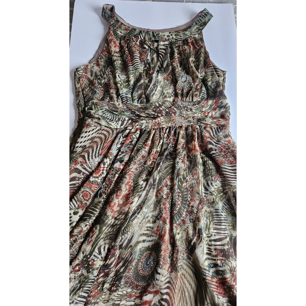 Perceptions New York Green Brown Tan Sleeveless Long Ruched Waist Poly Dress 14