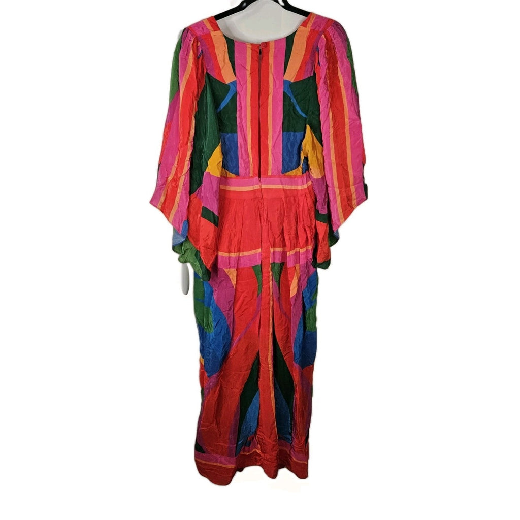 NWT Farm Rio Dress Rainbow Toucan Maxi Multicolor XL Pleated Printed Satin Maxi