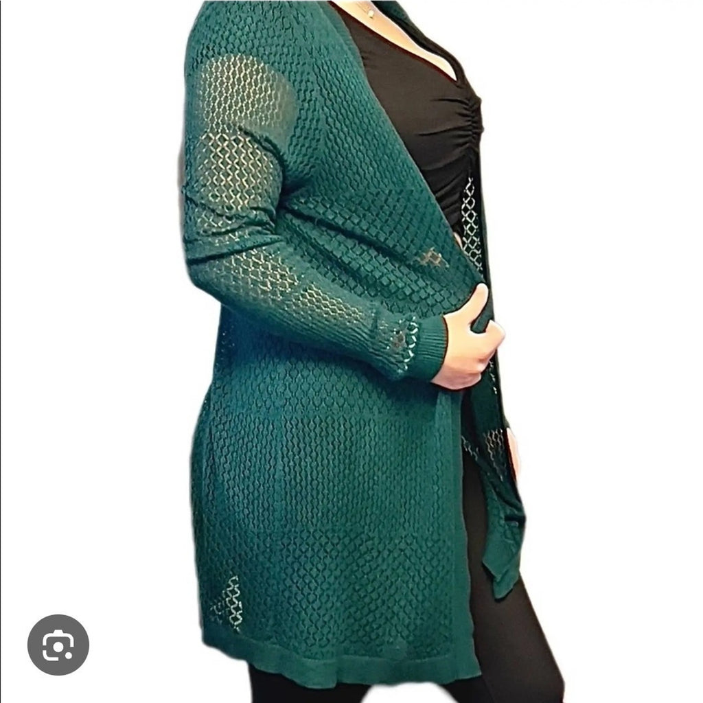 Torrid Cardigan Sweater Open Knit Long Sleeve Sheer Forest Green Plus Size 2X