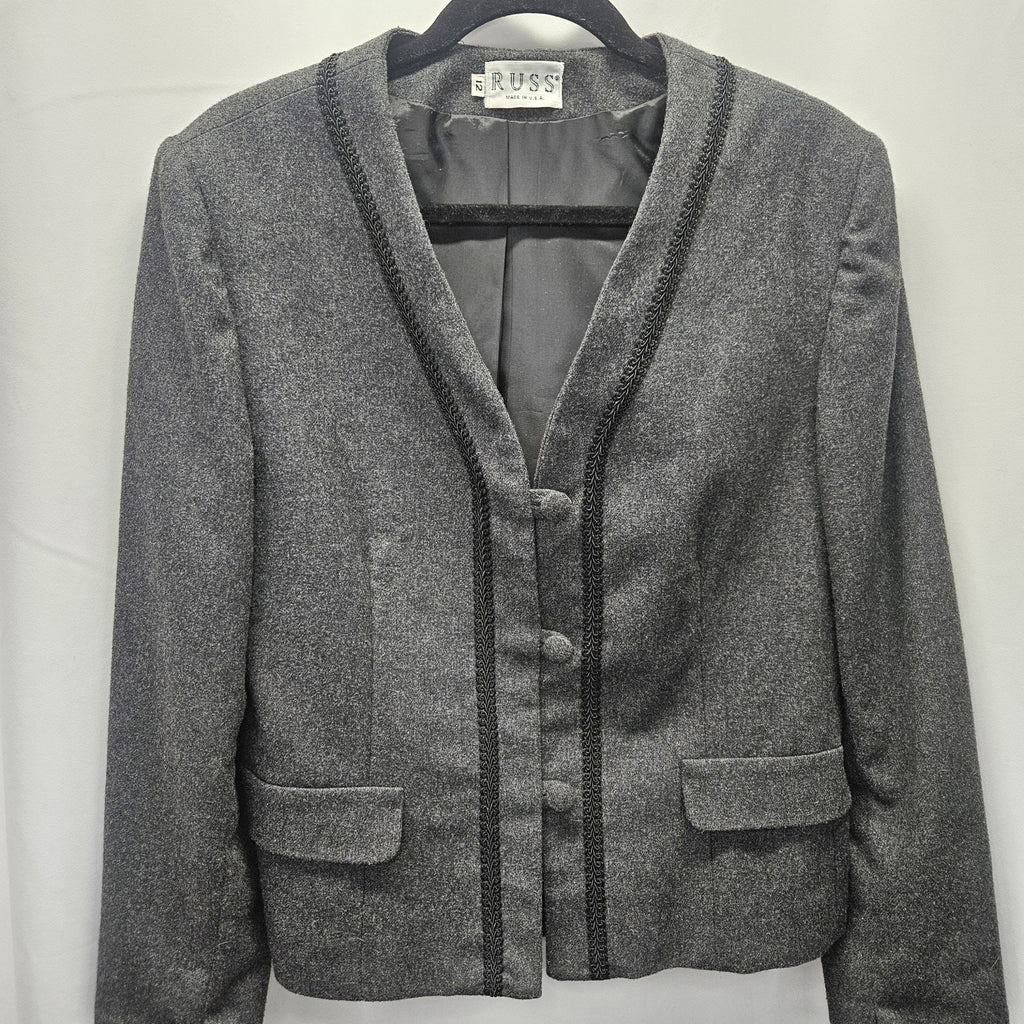 Union Made Vintage Women's Gray Wool Blend Braid Trim Blazer Size 12 USA Made