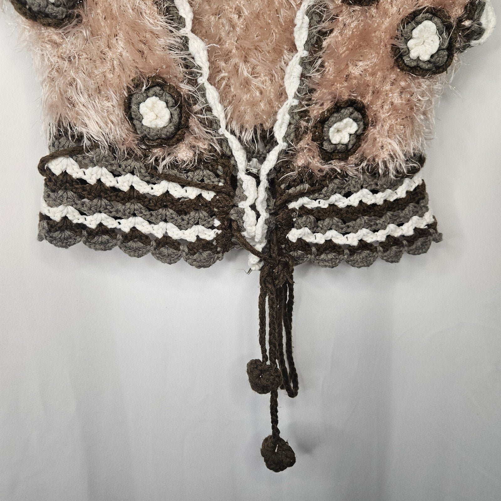 LULUMARI Fluffy Crochet Vest with Floral Pattern Size Medium Boho Festival