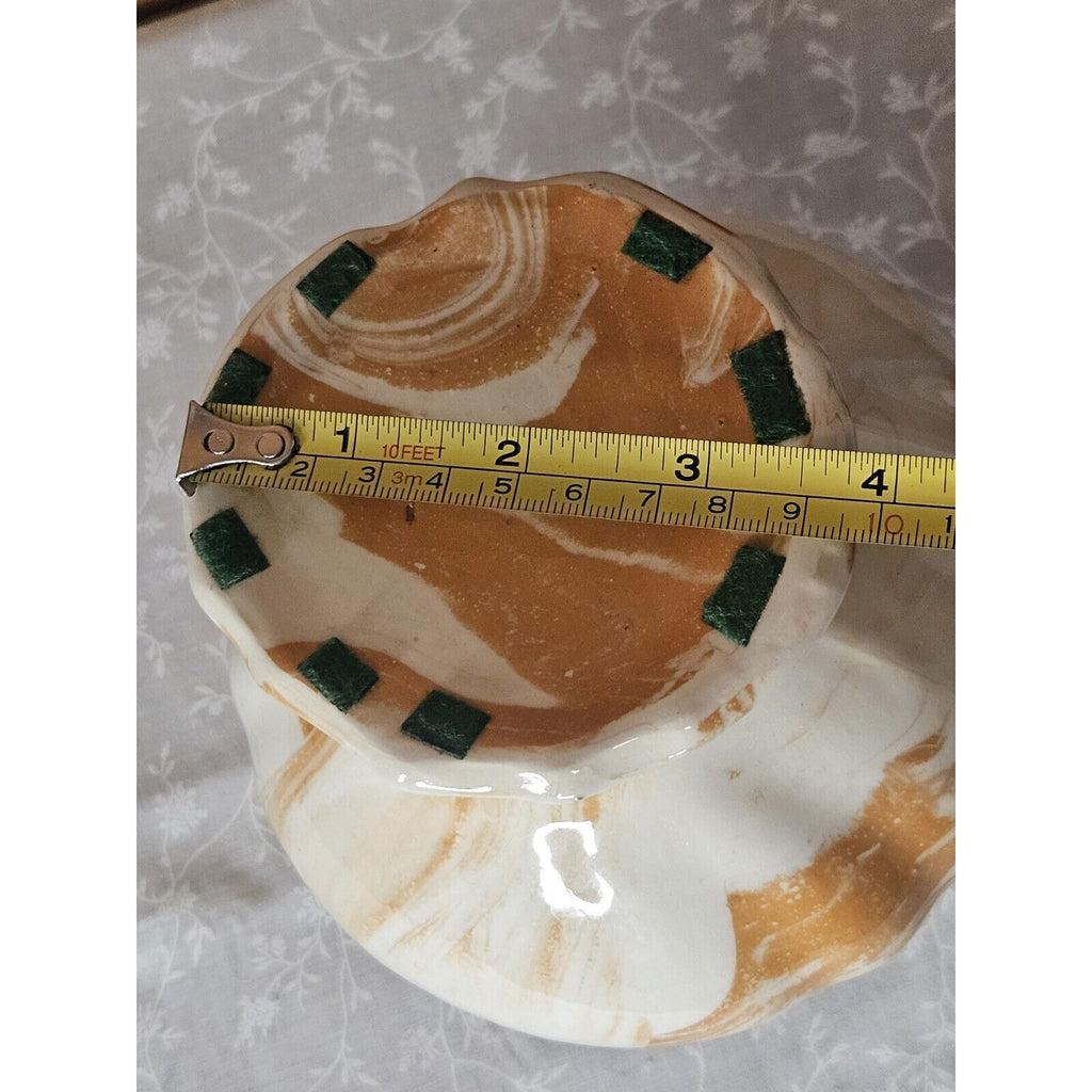 Vintage 80s Handmade Ceramic Cream & Orange 7.5" Pitcher & Bowl 9" Set Swirls
