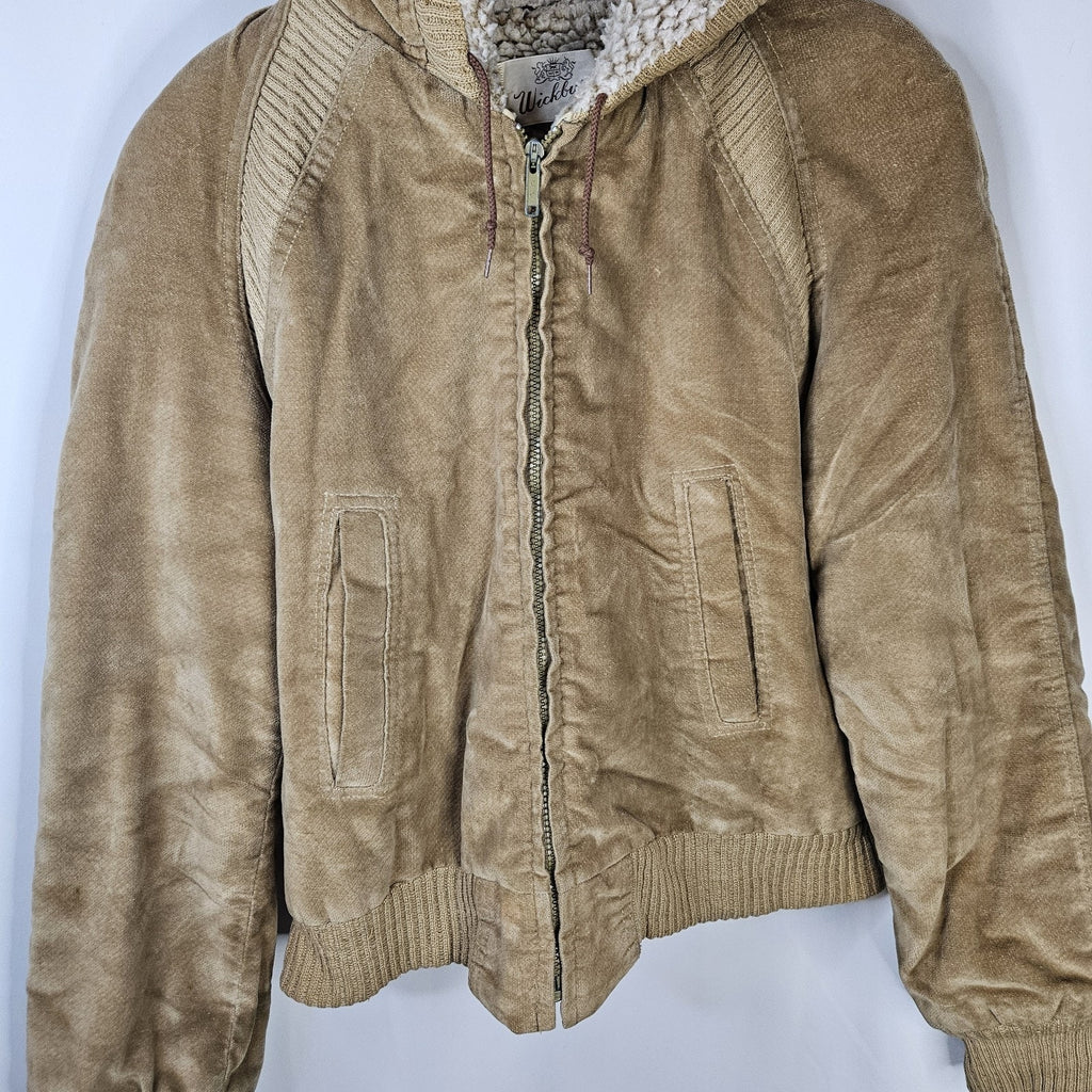 Vtg 70s Wickbury Leather Sherpa Lined Hooded Bomber Jacket Medium Tan Western