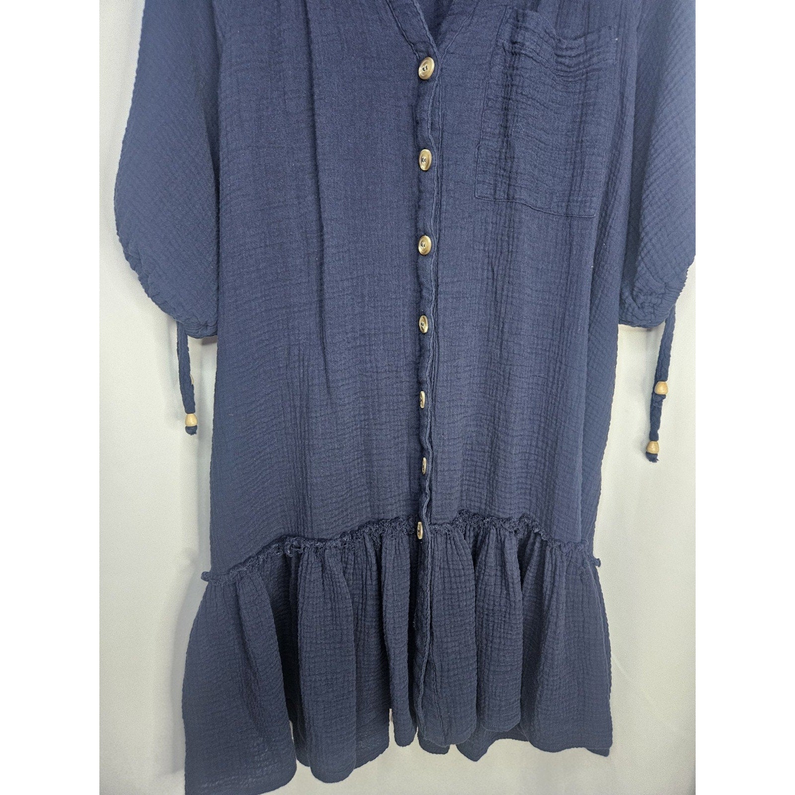 MILLIBON USA Dress Womens Large Tiered Navy Shirtdress Boho Cottagecore