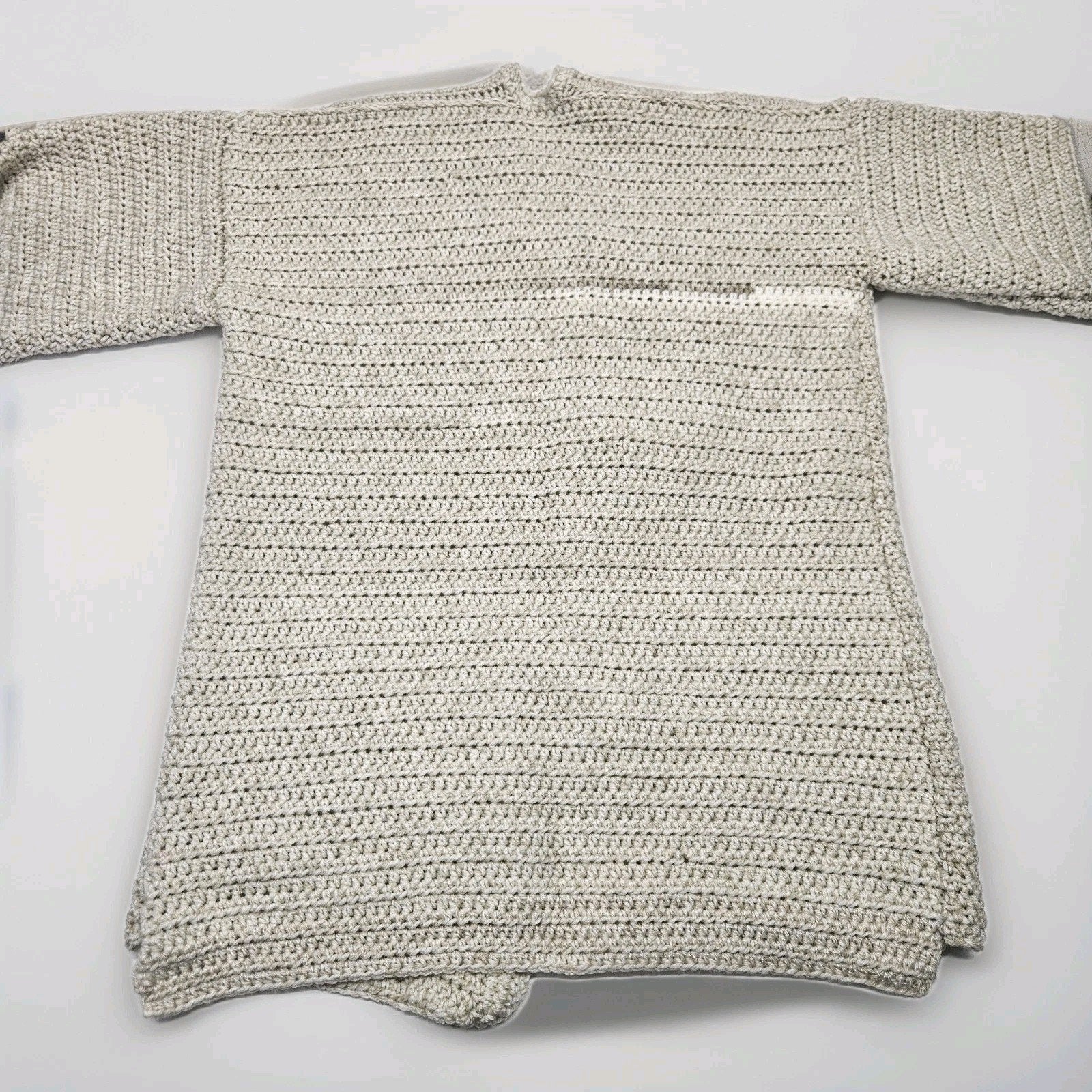 Handmade Knitted Crochet Beige Oversized Open Cardigan Large Boho Cozy Pockets