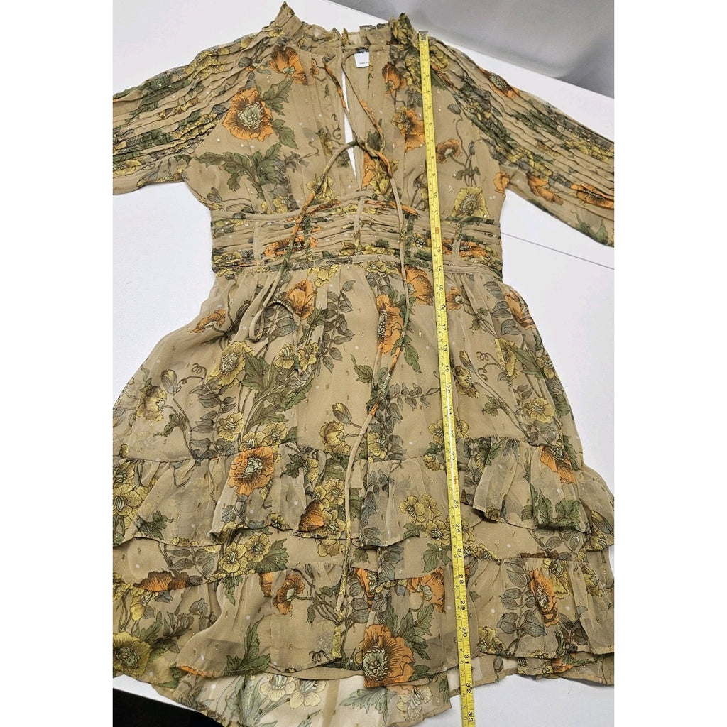 Asos Women's Floral Mini Dress Metallic Witchy Boho Lace Up Brown Black Size 4